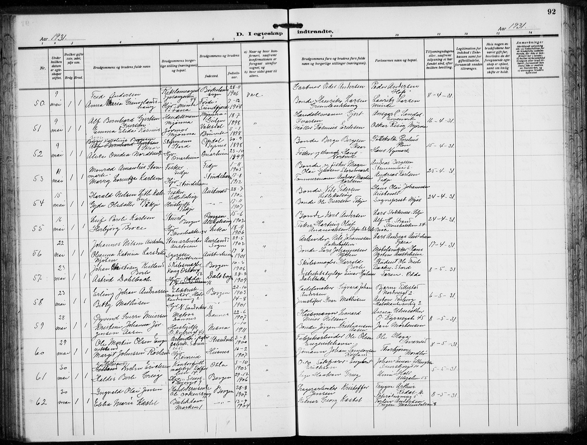 Domkirken sokneprestembete, AV/SAB-A-74801/H/Hab/L0034: Klokkerbok nr. D 6, 1924-1941, s. 92