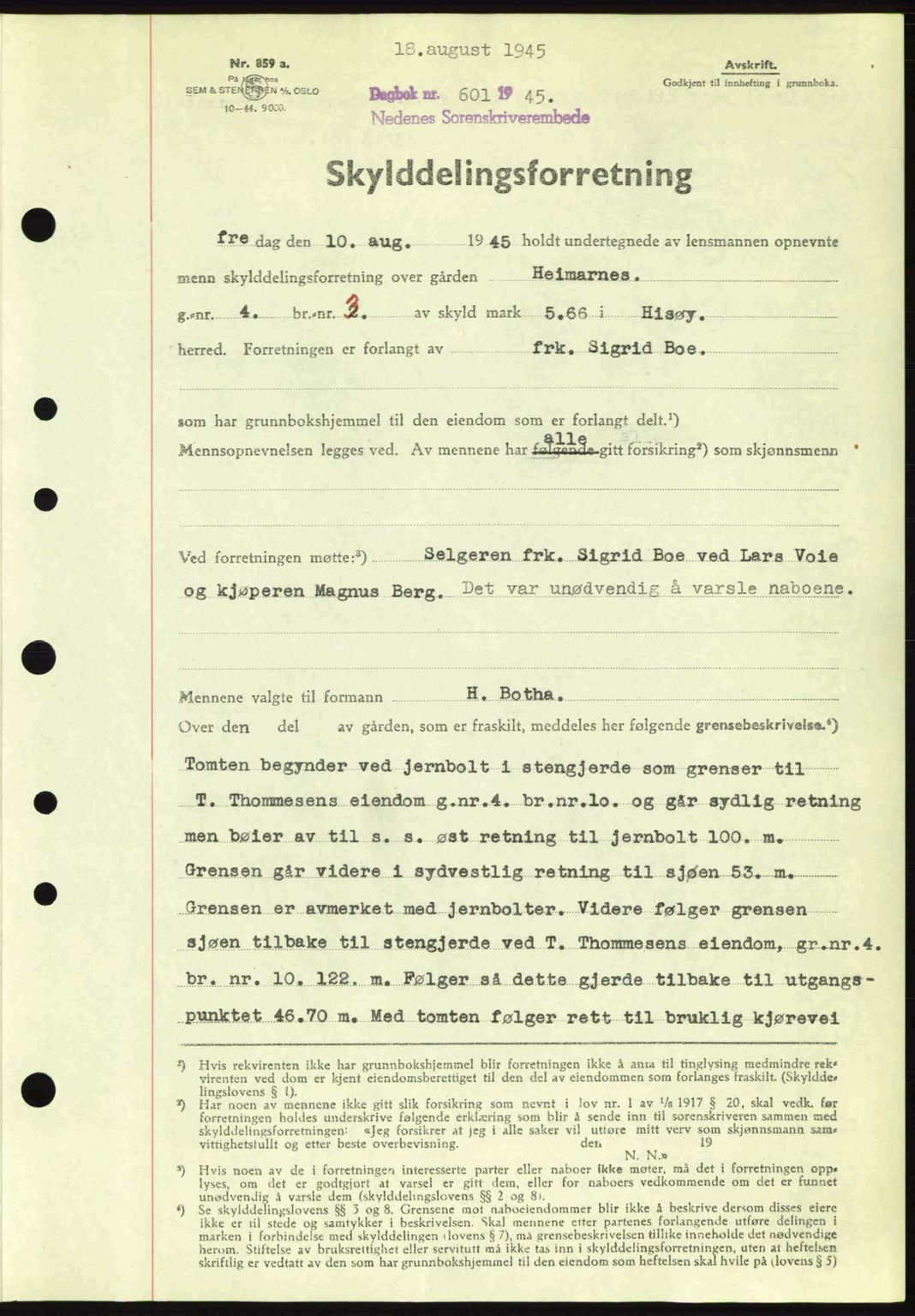 Nedenes sorenskriveri, SAK/1221-0006/G/Gb/Gba/L0052: Pantebok nr. A6a, 1944-1945, Dagboknr: 601/1945