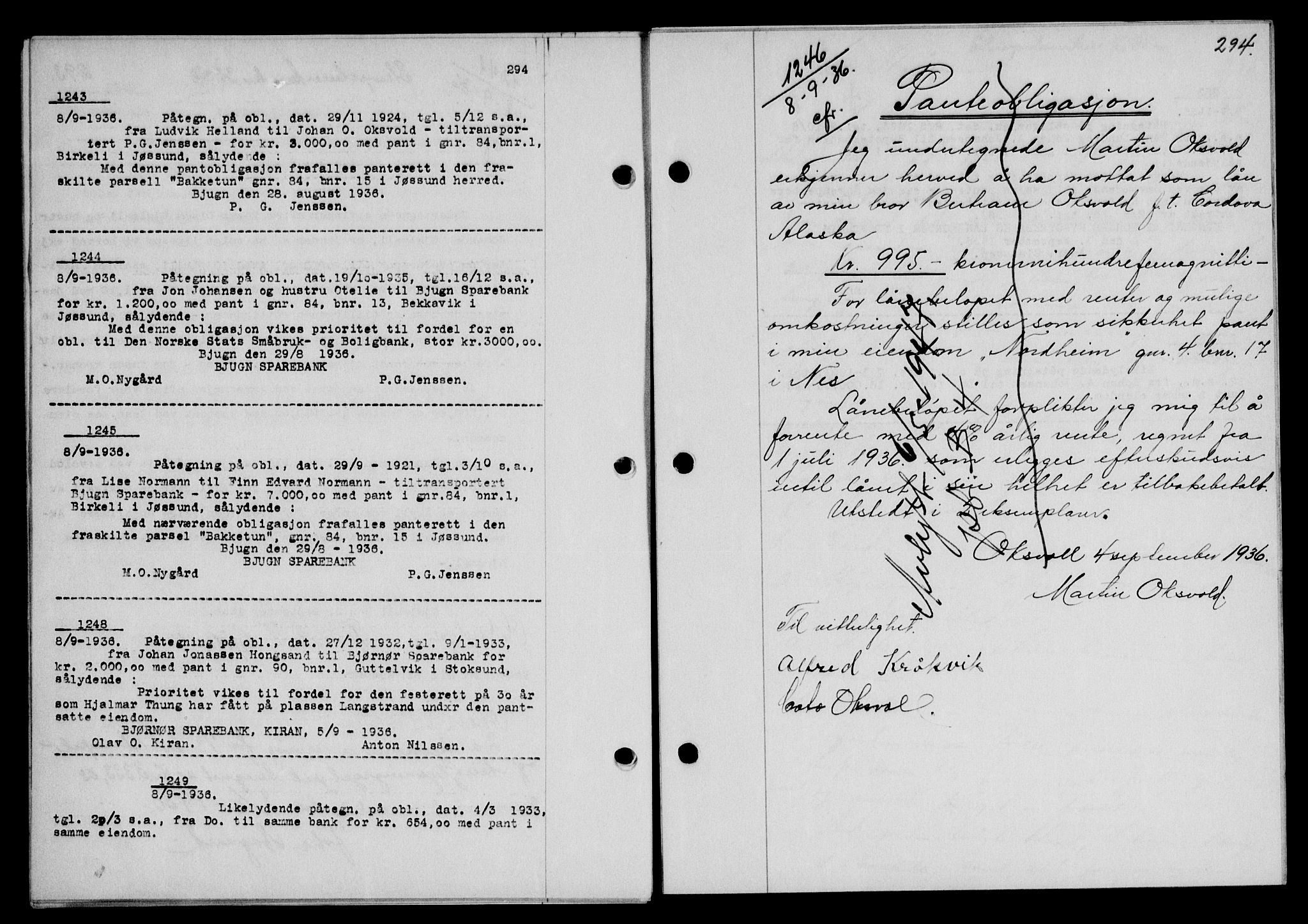 Fosen sorenskriveri, SAT/A-1107/1/2/2C/L0083: Pantebok nr. 74, 1936-1936, s. 294