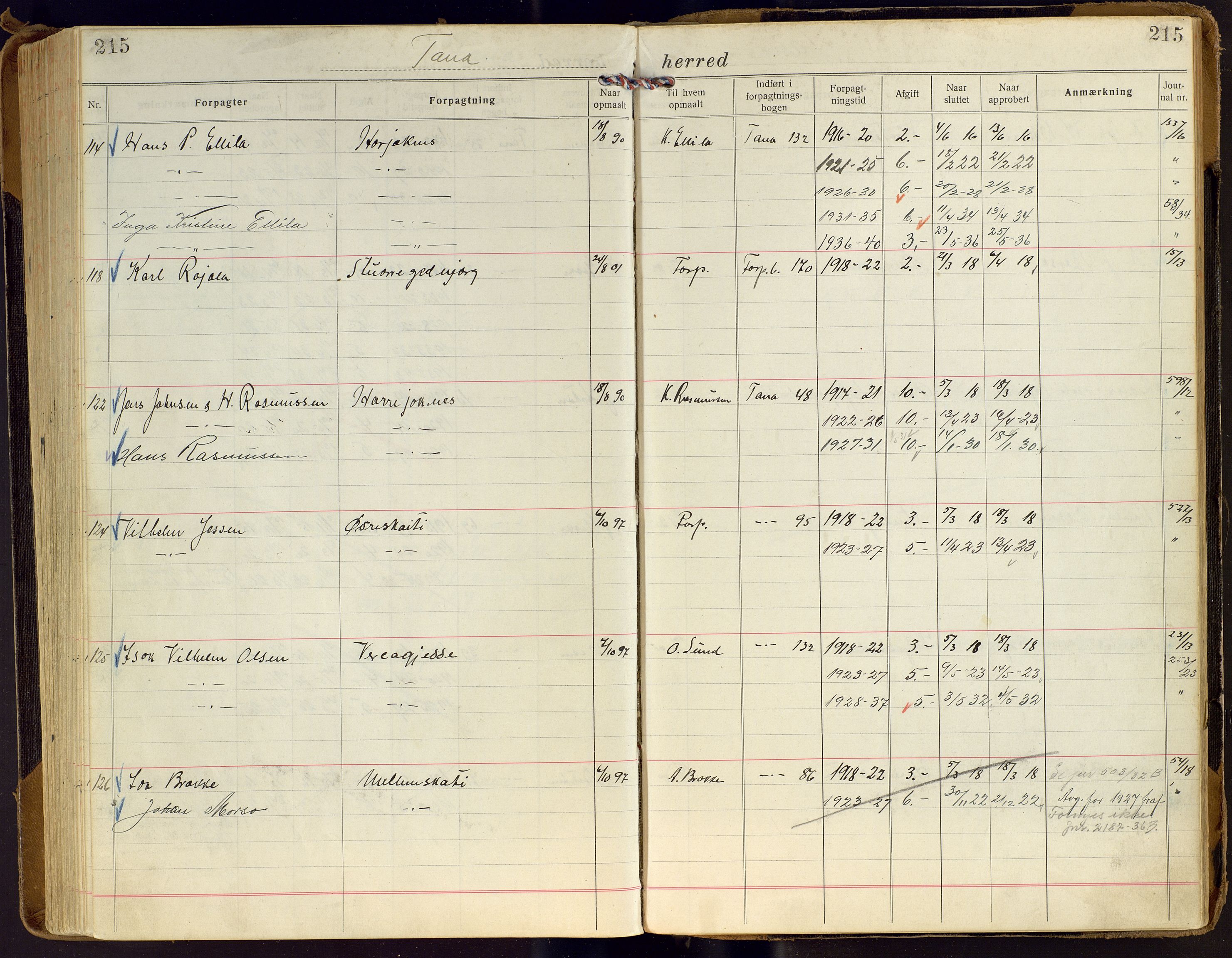 Finnmark jordsalgskommisjon/jordsalgskontor og Statskog SF Finnmark jordsalgskontor, AV/SATØ-S-1443/J/Ja/L0006: Forpaktningsbok for Finnmark II, 1916-1947, s. 215