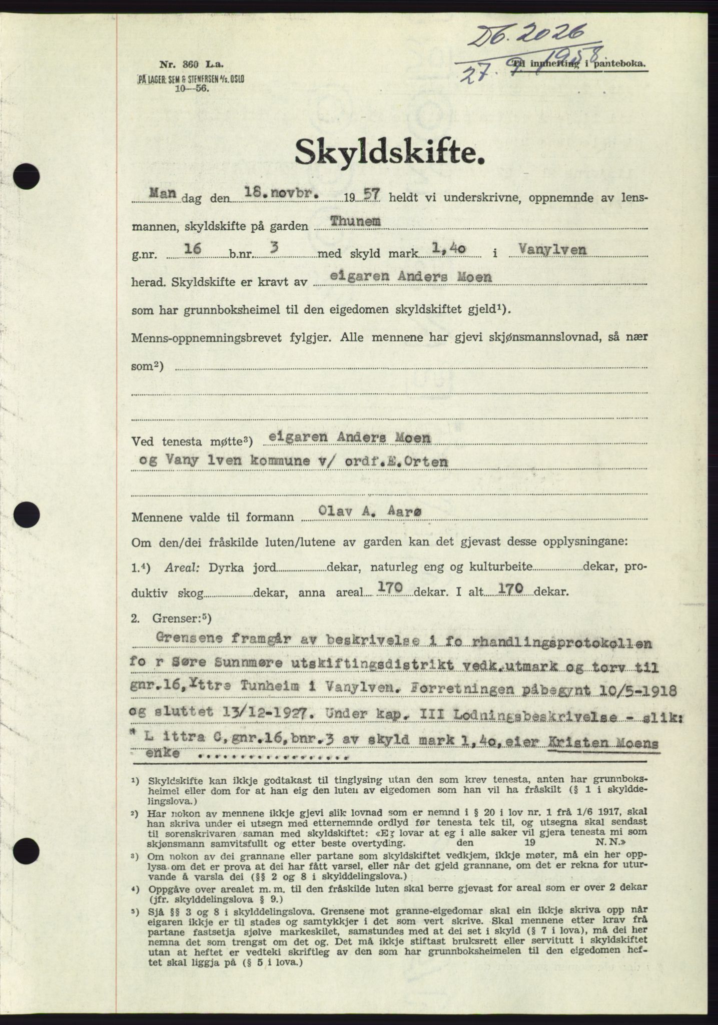 Søre Sunnmøre sorenskriveri, AV/SAT-A-4122/1/2/2C/L0110: Pantebok nr. 36A, 1958-1958, Dagboknr: 2026/1958