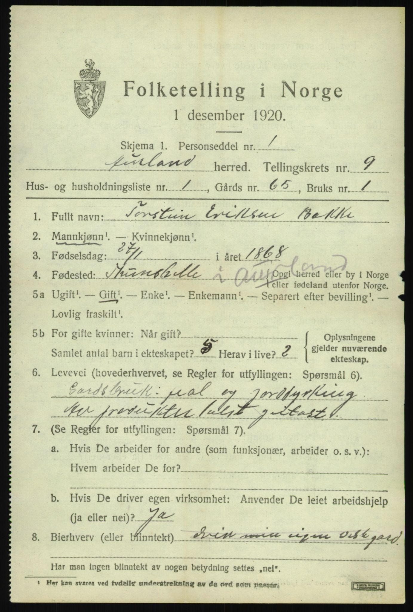 SAB, Folketelling 1920 for 1421 Aurland herred, 1920, s. 4744