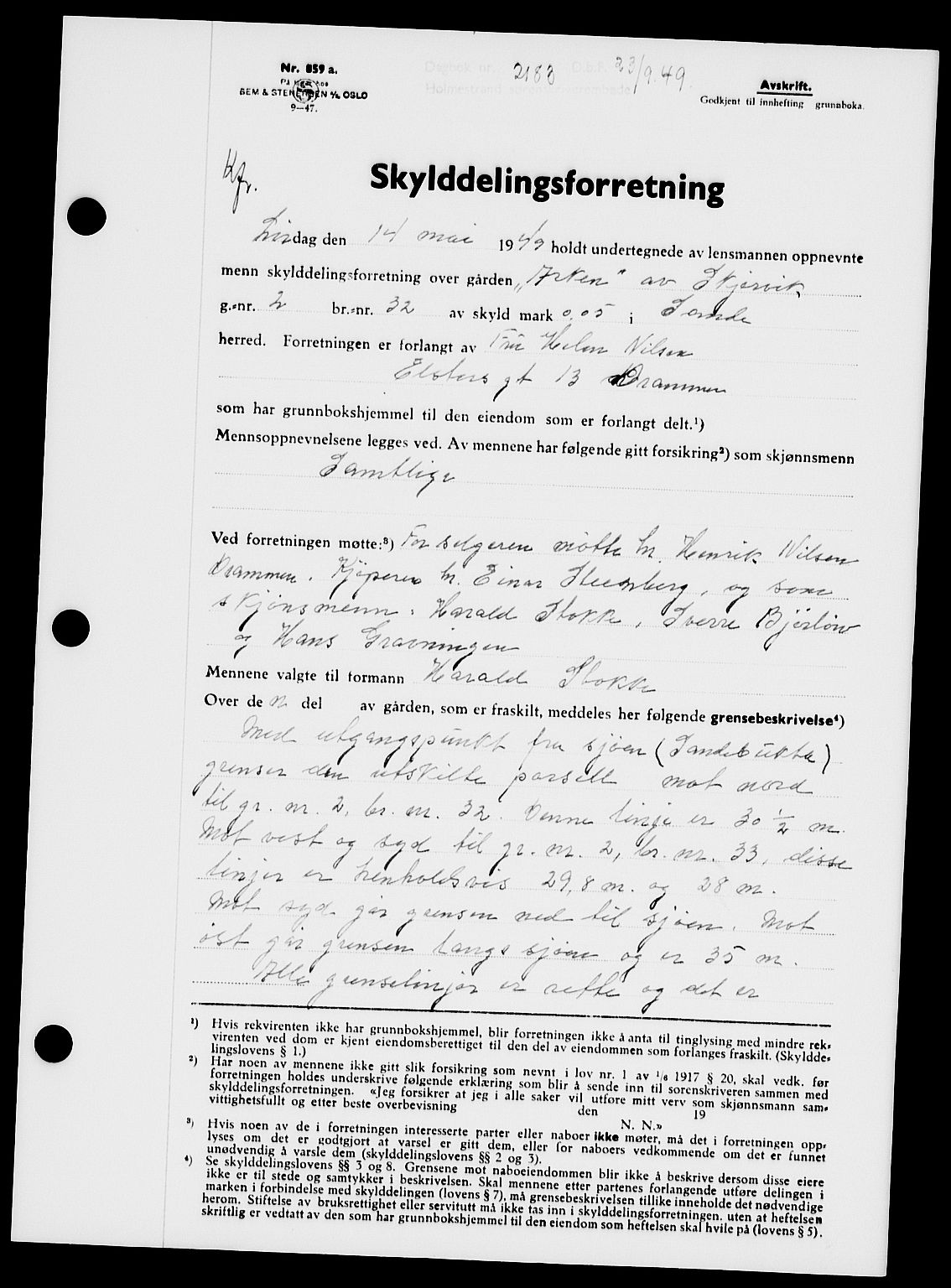 Holmestrand sorenskriveri, SAKO/A-67/G/Ga/Gaa/L0067: Pantebok nr. A-67, 1949-1949, Dagboknr: 2183/1949