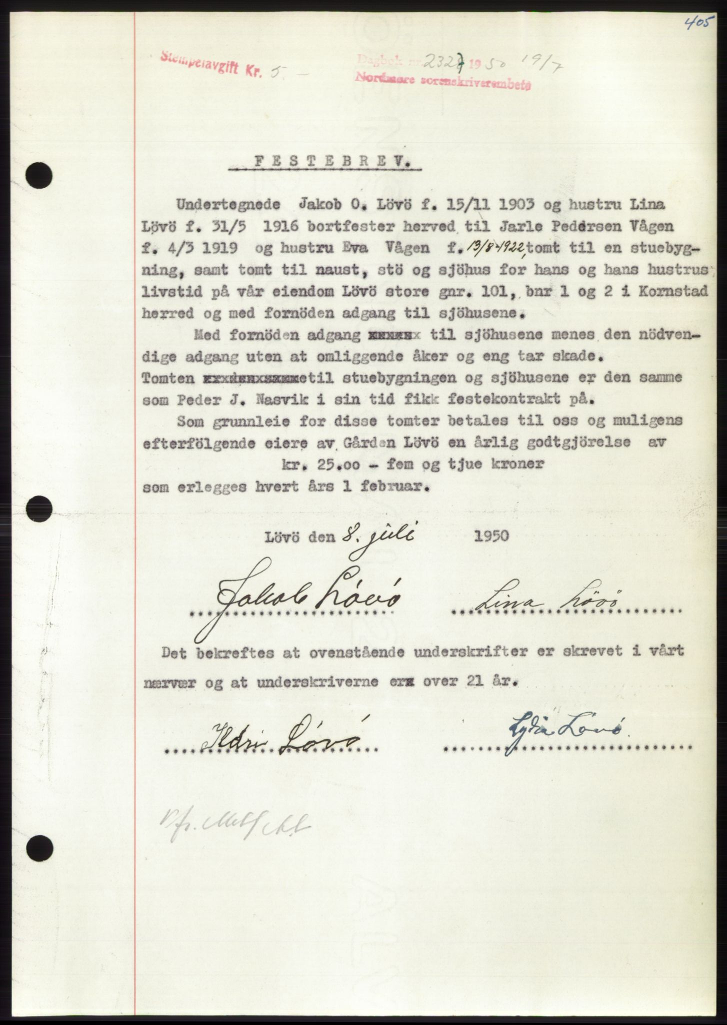 Nordmøre sorenskriveri, AV/SAT-A-4132/1/2/2Ca: Pantebok nr. B105, 1950-1950, Dagboknr: 2327/1950