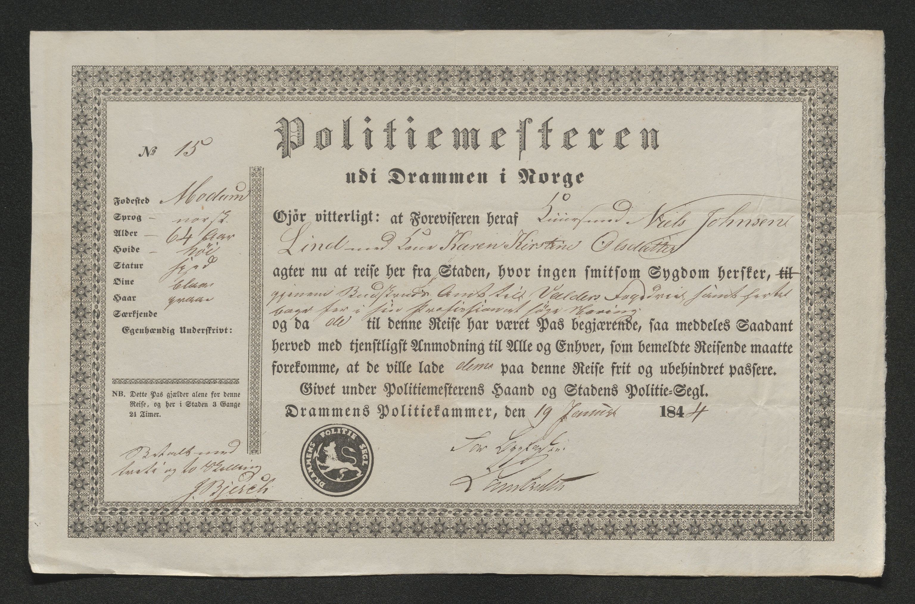 Drammen politikammer, SAKO/A-623/I/Ia/Iab/L0007: Innleverte pass, 1843-1844, s. 482