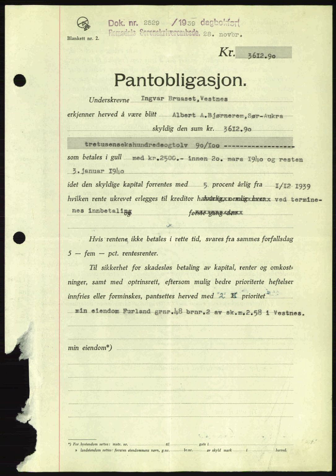 Romsdal sorenskriveri, SAT/A-4149/1/2/2C: Pantebok nr. B2, 1939-1945, Dagboknr: 2529/1939
