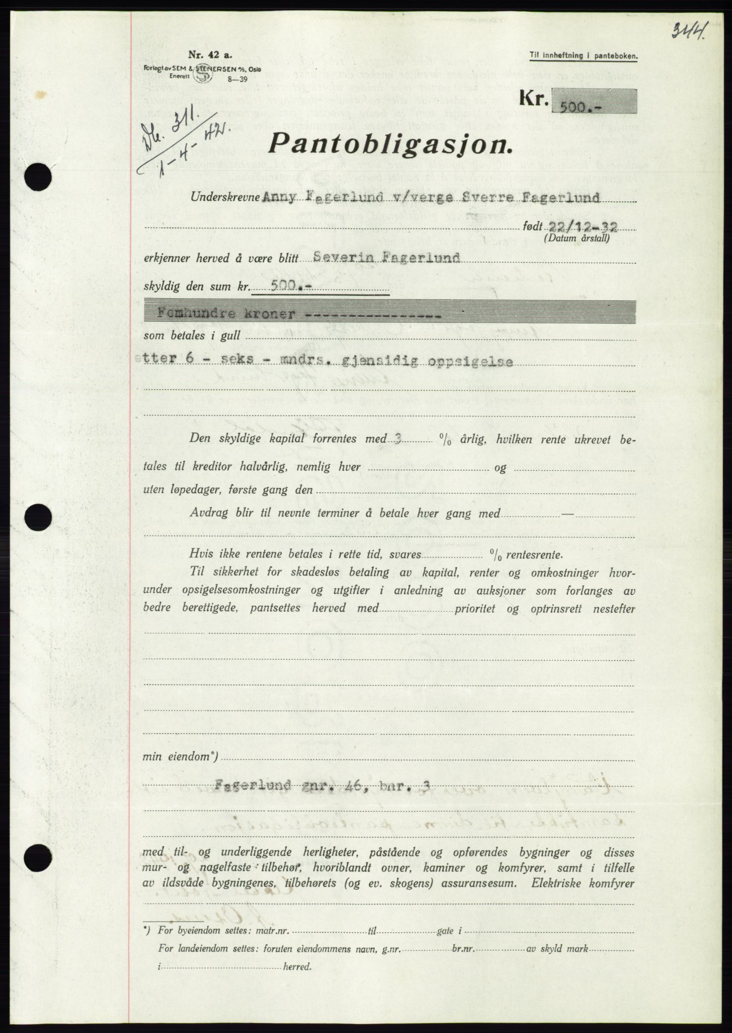 Søre Sunnmøre sorenskriveri, AV/SAT-A-4122/1/2/2C/L0073: Pantebok nr. 67, 1941-1942, Dagboknr: 311/1942