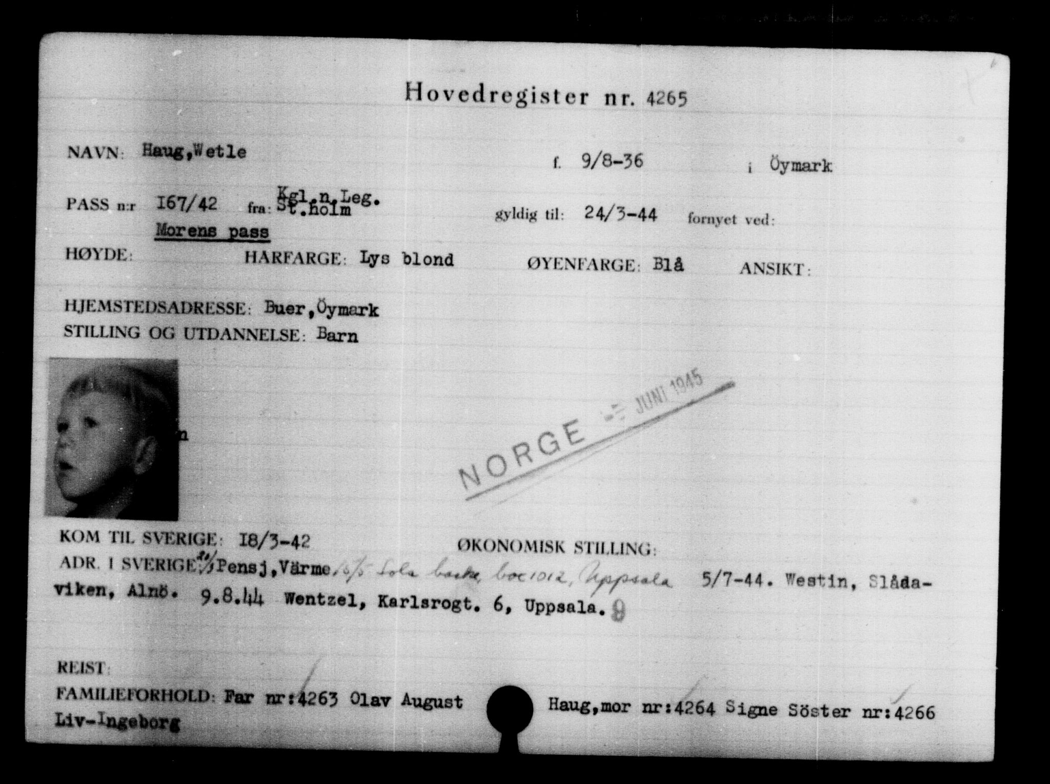 Utenriksstasjonene, Legasjonen i Stockholm, Flyktningkontoret, AV/RA-S-6753/V/Va/L0004: Kjesäterkartoteket, flyktninger med registreringsnr. 3496-6610, 1940-1945, s. 933