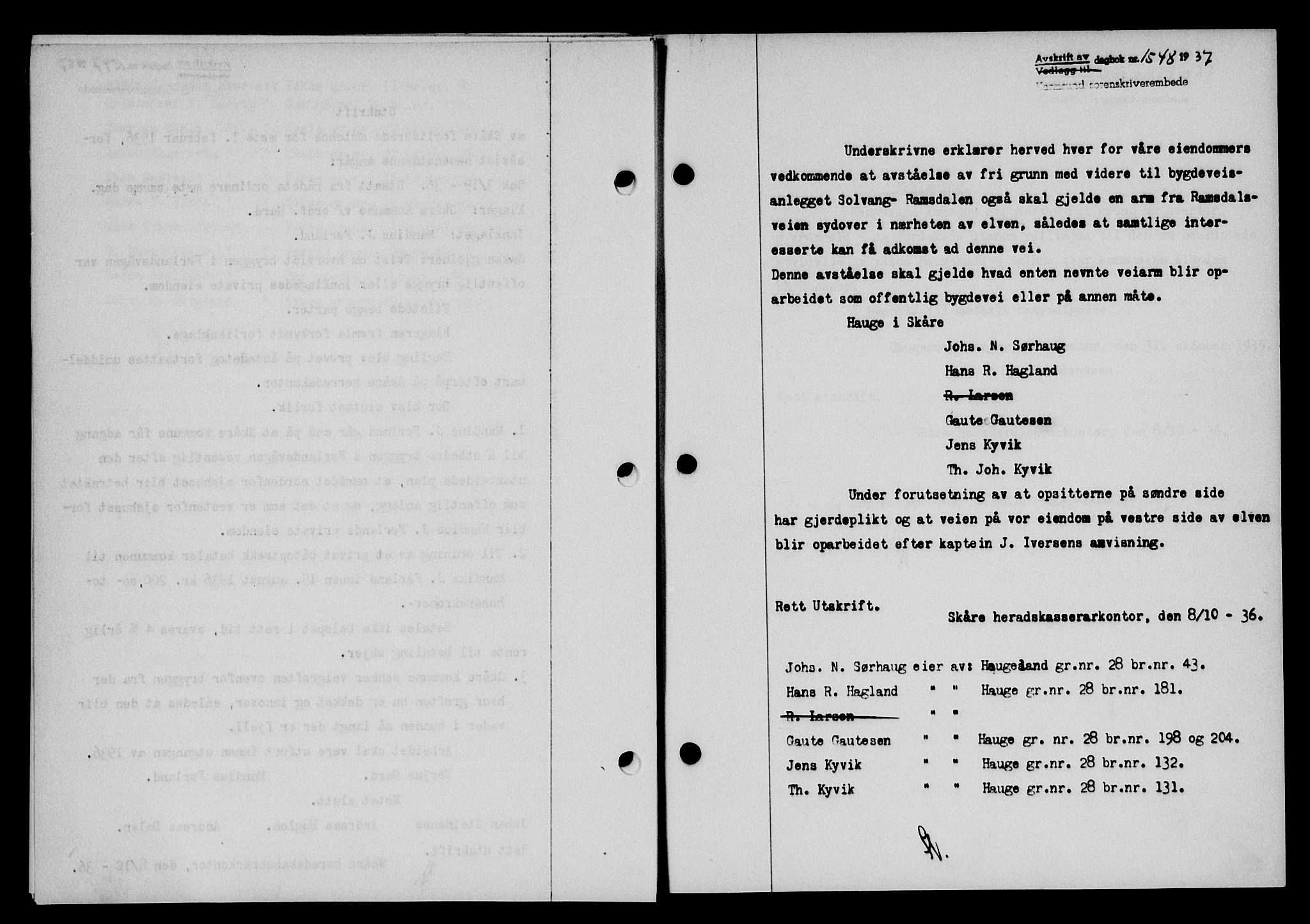 Karmsund sorenskriveri, SAST/A-100311/01/II/IIB/L0068: Pantebok nr. 49A, 1937-1937, Dagboknr: 1548/1937