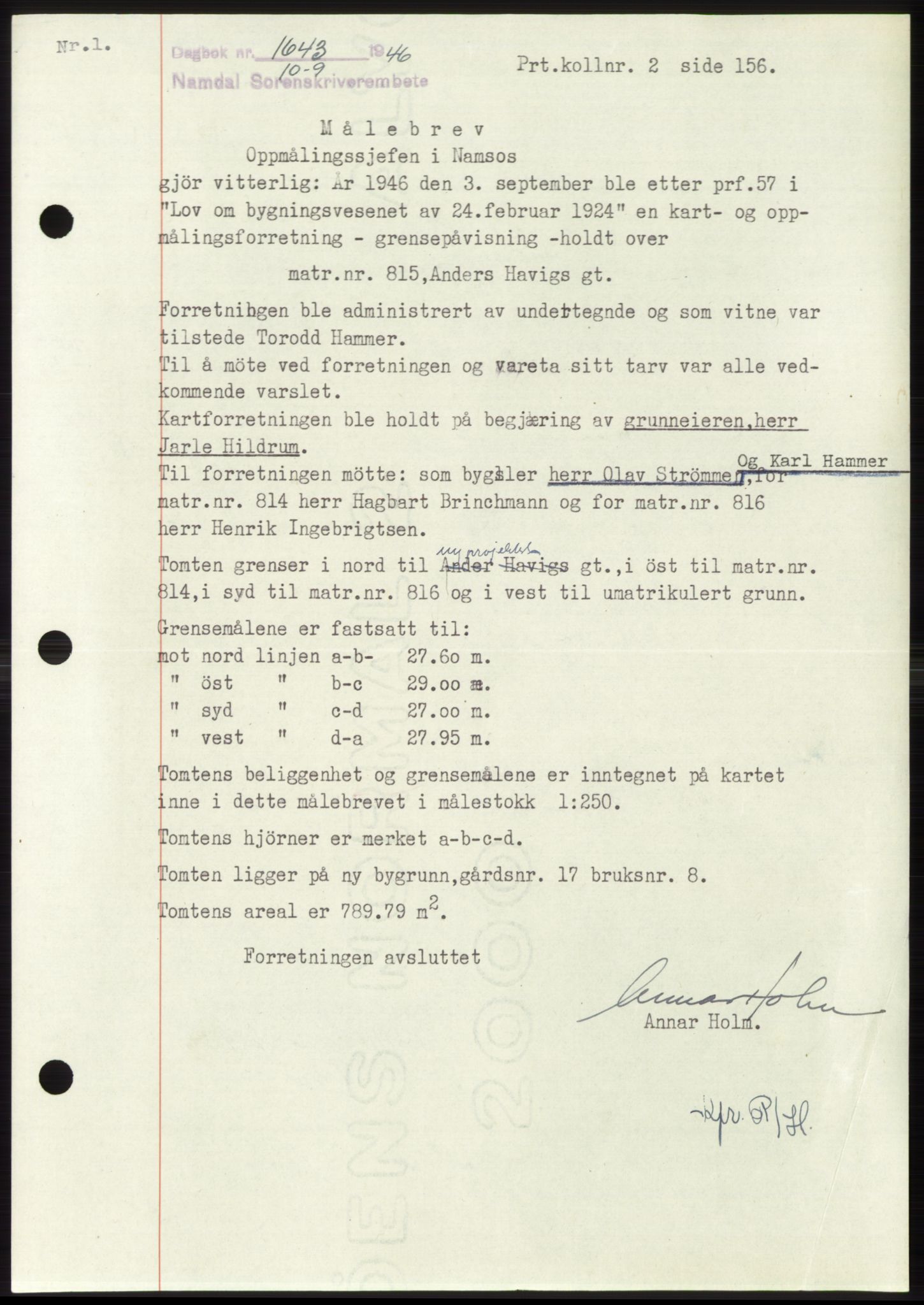 Namdal sorenskriveri, SAT/A-4133/1/2/2C: Pantebok nr. -, 1946-1947, Dagboknr: 1643/1946