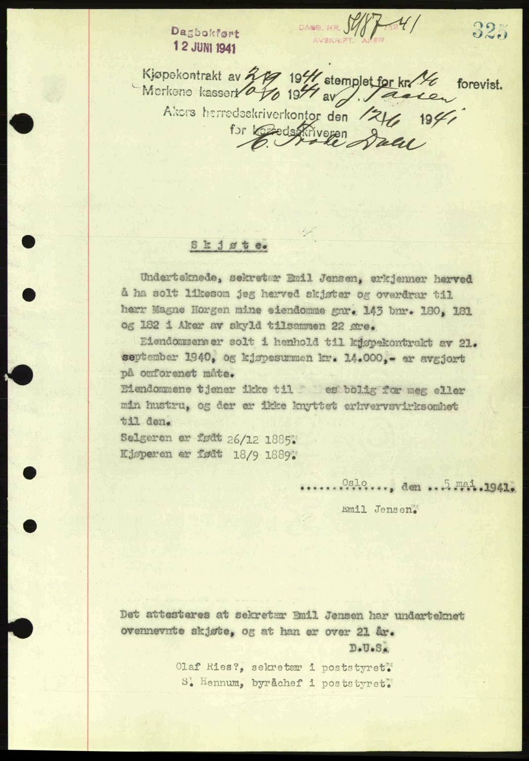 Aker herredsskriveri, SAO/A-10896/G/Gb/Gba/Gbab/L0048: Pantebok nr. A172-173, 1941-1941, Dagboknr: 5987/1941