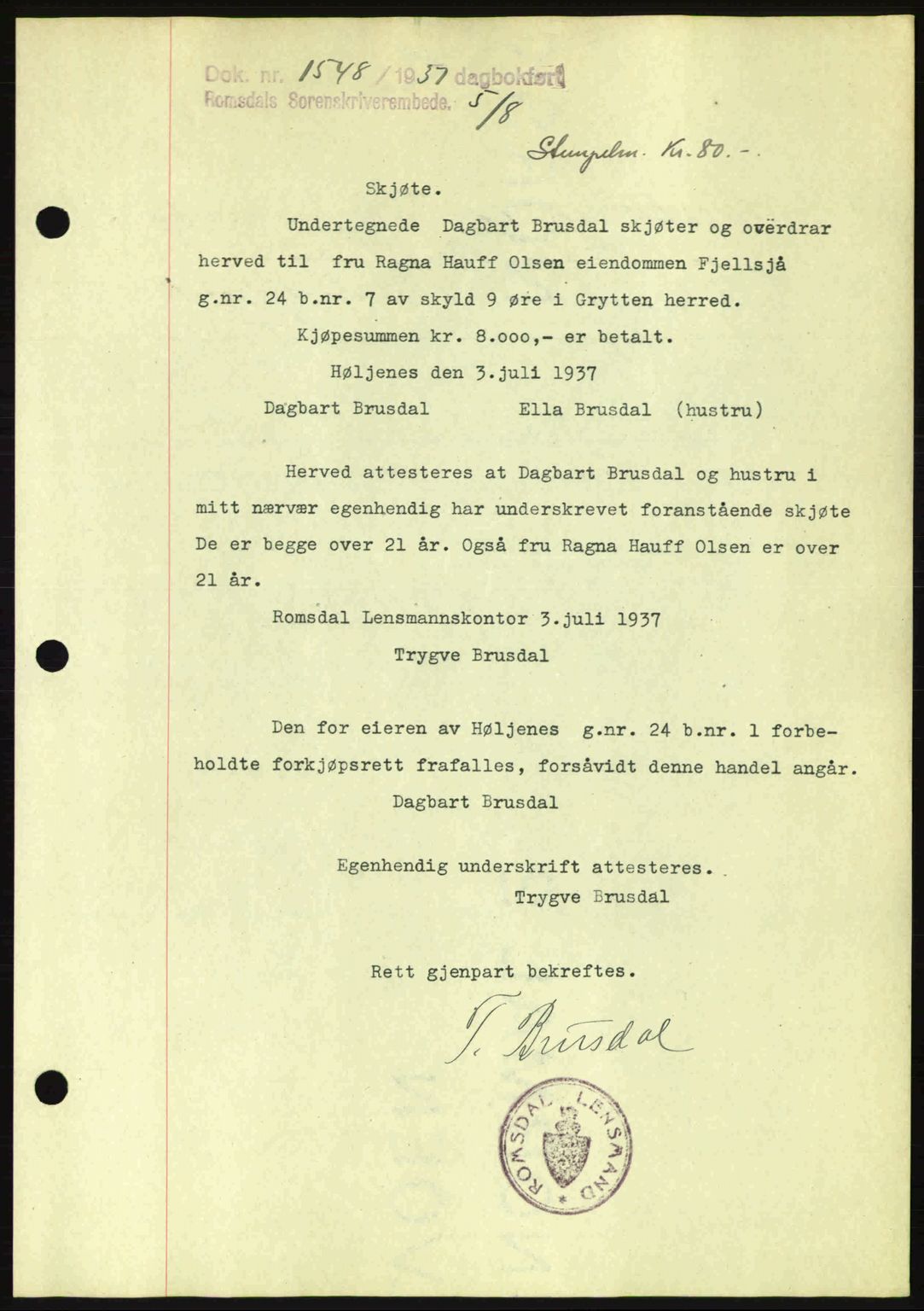 Romsdal sorenskriveri, SAT/A-4149/1/2/2C: Pantebok nr. A3, 1937-1937, Dagboknr: 1548/1937