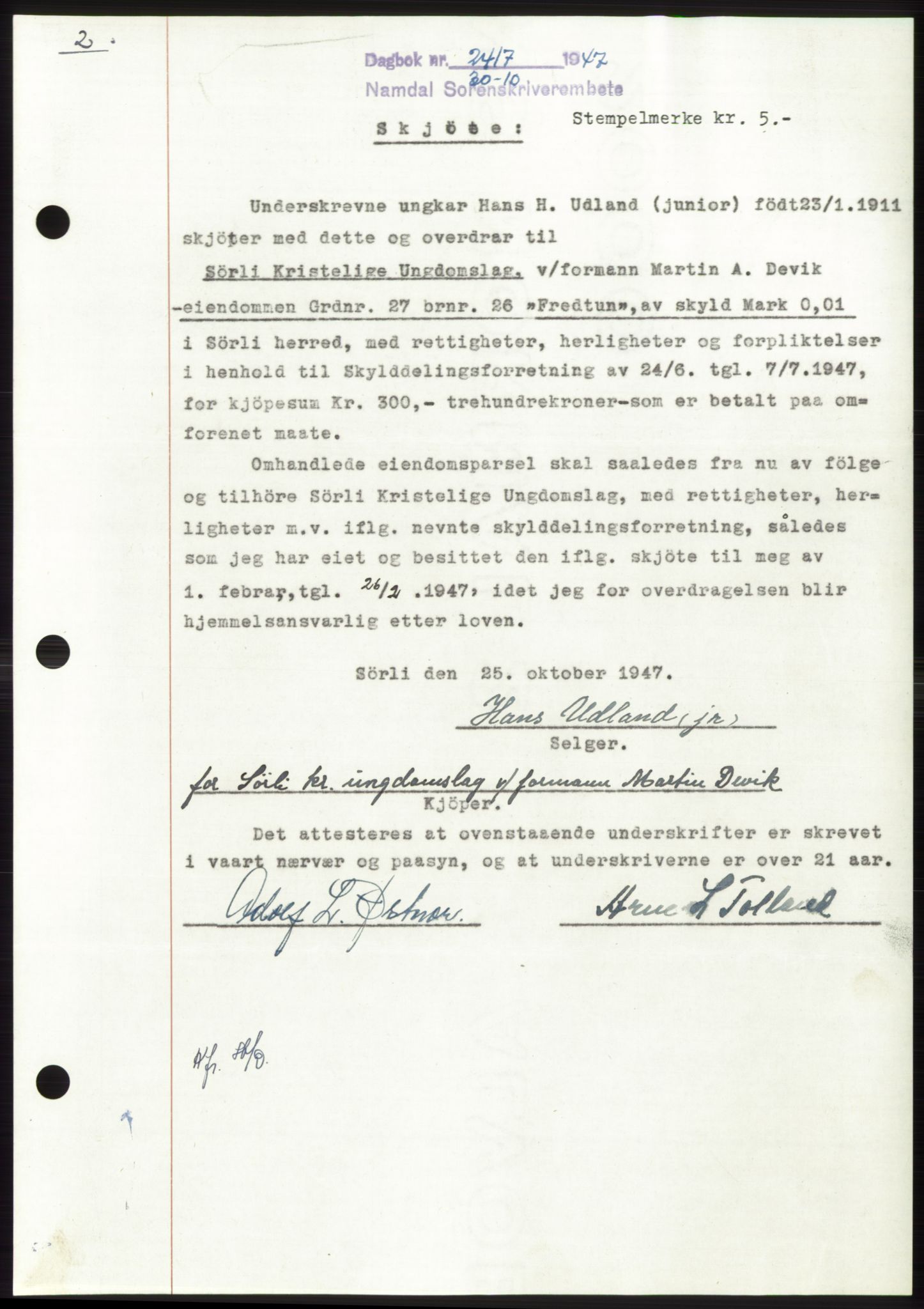 Namdal sorenskriveri, SAT/A-4133/1/2/2C: Pantebok nr. -, 1947-1947, Dagboknr: 2417/1947