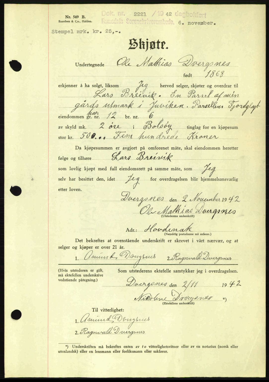 Romsdal sorenskriveri, SAT/A-4149/1/2/2C: Pantebok nr. A13, 1942-1943, Dagboknr: 2221/1942