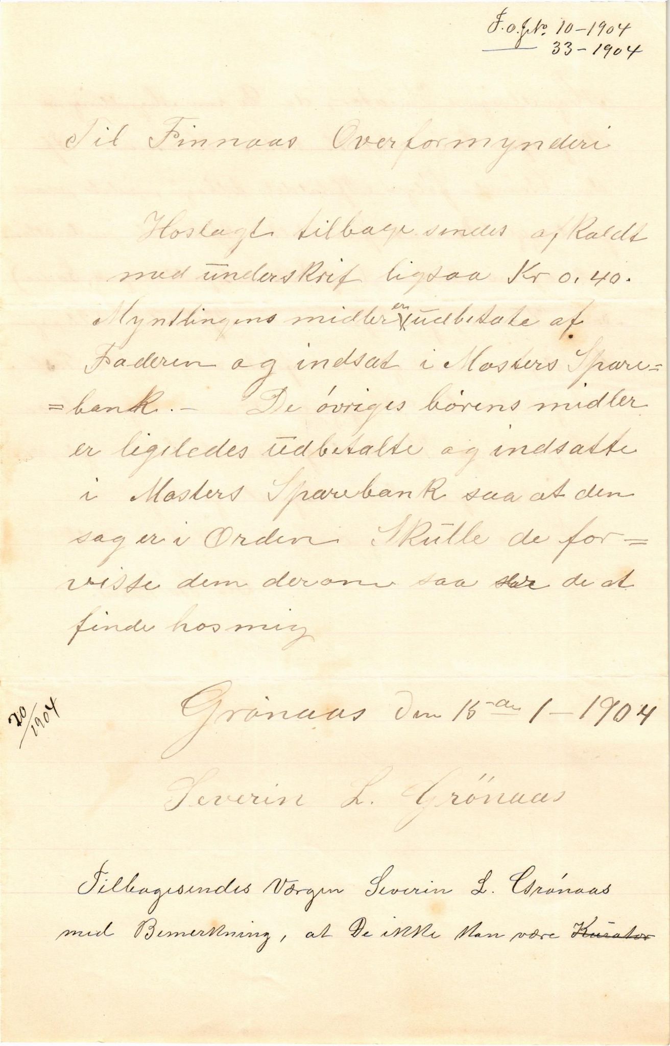 Finnaas kommune. Overformynderiet, IKAH/1218a-812/D/Da/Daa/L0002/0002: Kronologisk ordna korrespondanse / Kronologisk ordna korrespondanse, 1901-1904, s. 167