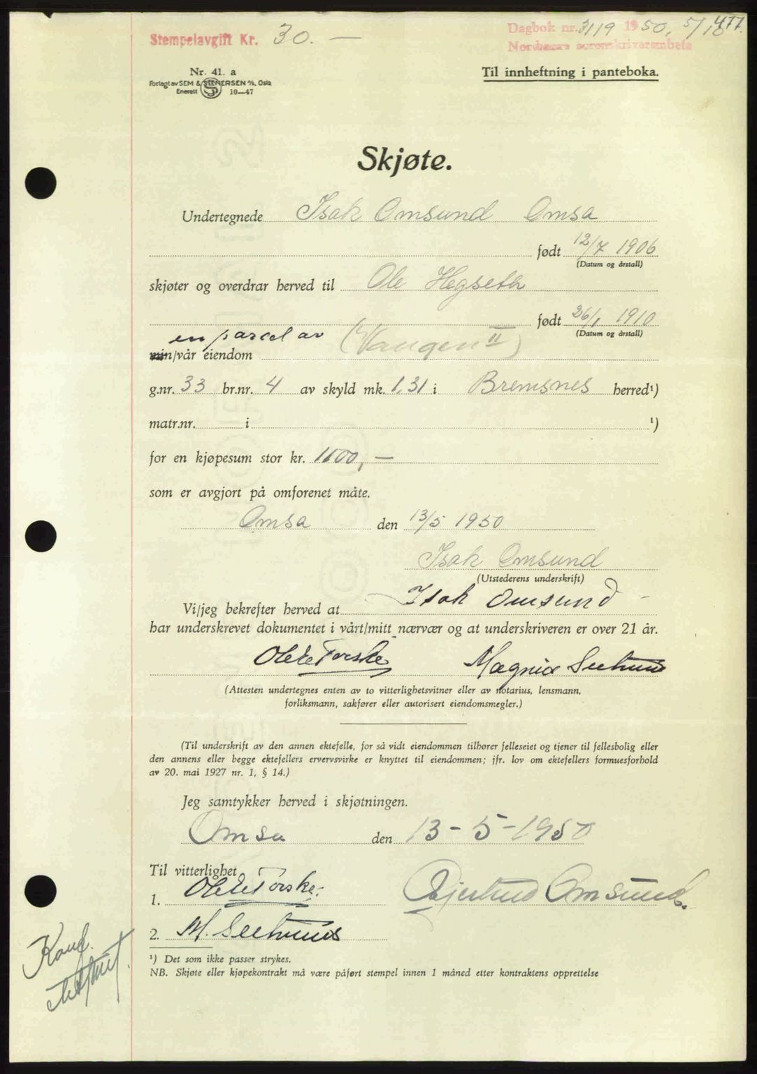 Nordmøre sorenskriveri, AV/SAT-A-4132/1/2/2Ca: Pantebok nr. A116, 1950-1950, Dagboknr: 3119/1950