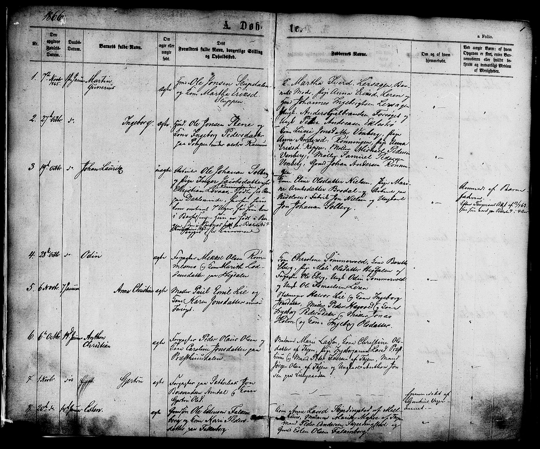 Ministerialprotokoller, klokkerbøker og fødselsregistre - Sør-Trøndelag, SAT/A-1456/606/L0293: Ministerialbok nr. 606A08, 1866-1877, s. 1