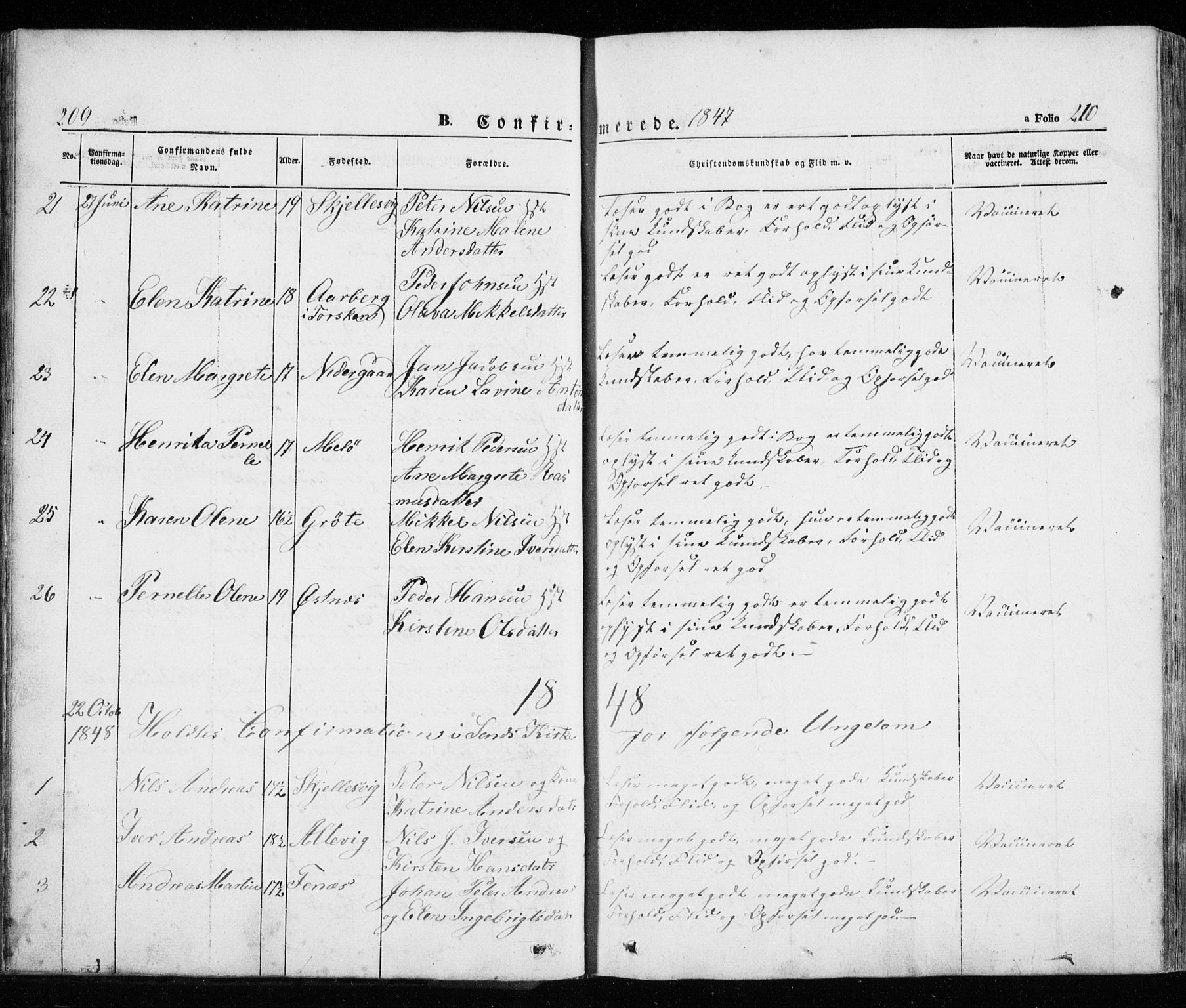 Trondenes sokneprestkontor, AV/SATØ-S-1319/H/Ha/L0010kirke: Ministerialbok nr. 10, 1840-1865, s. 209-210