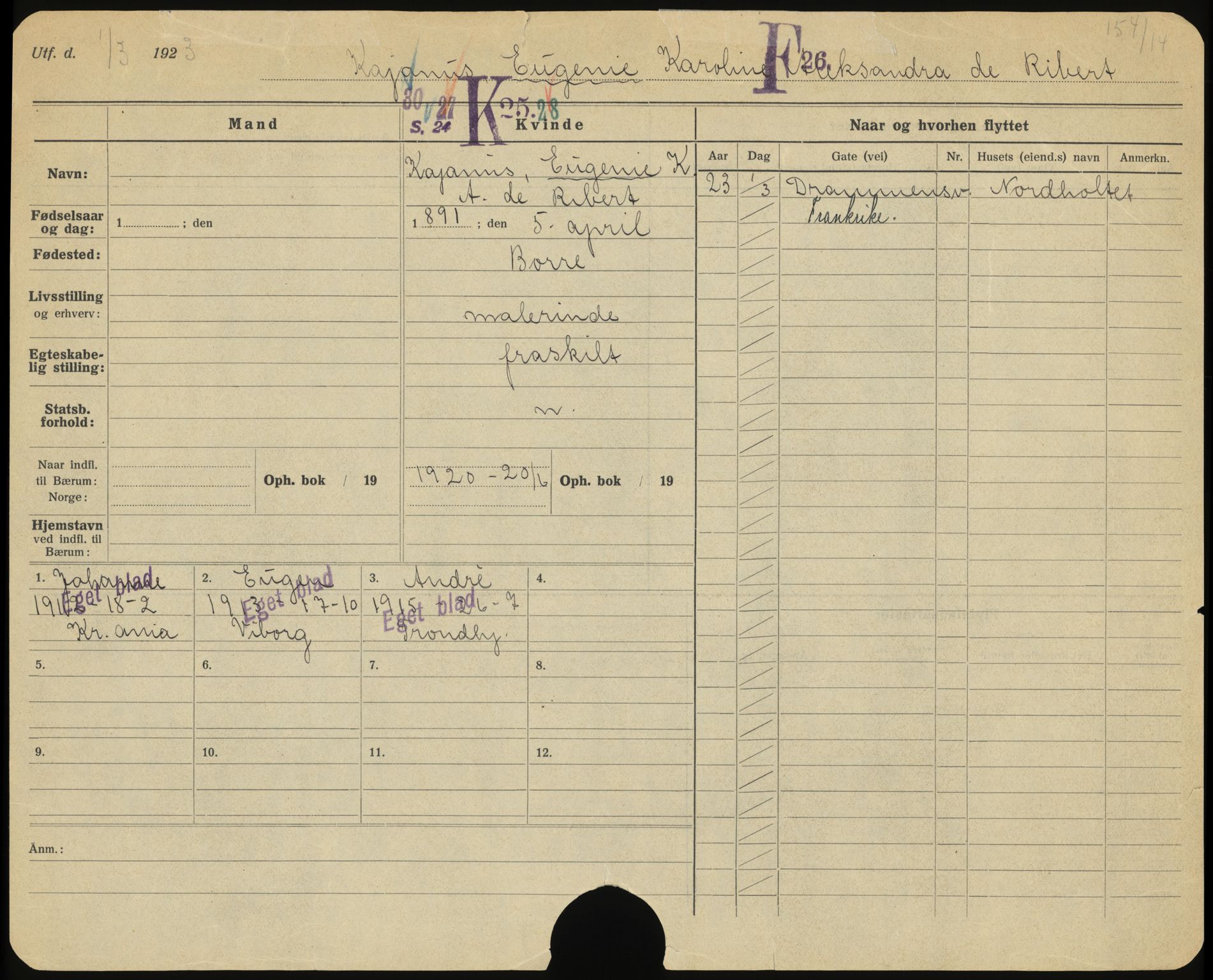 Bærum folkeregister, SAO/A-10504/F/L0002: Utflyttede, 1923