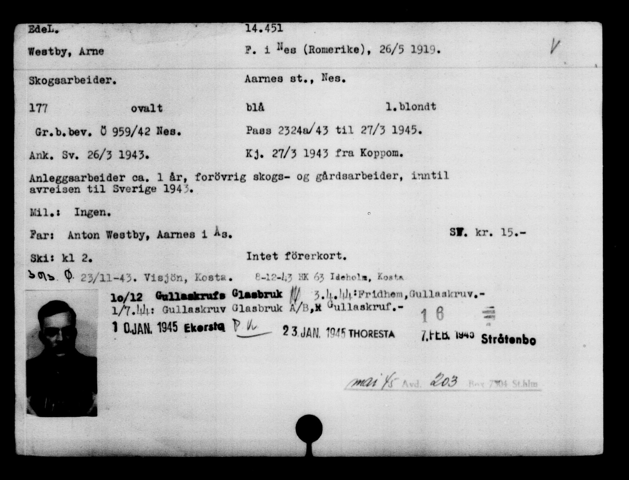 Utenriksstasjonene, Legasjonen i Stockholm, Flyktningkontoret, AV/RA-S-6753/V/Va/L0007: Kjesäterkartoteket, flyktninger med registreringsnr. 12700-15723, 1940-1945, s. 2023