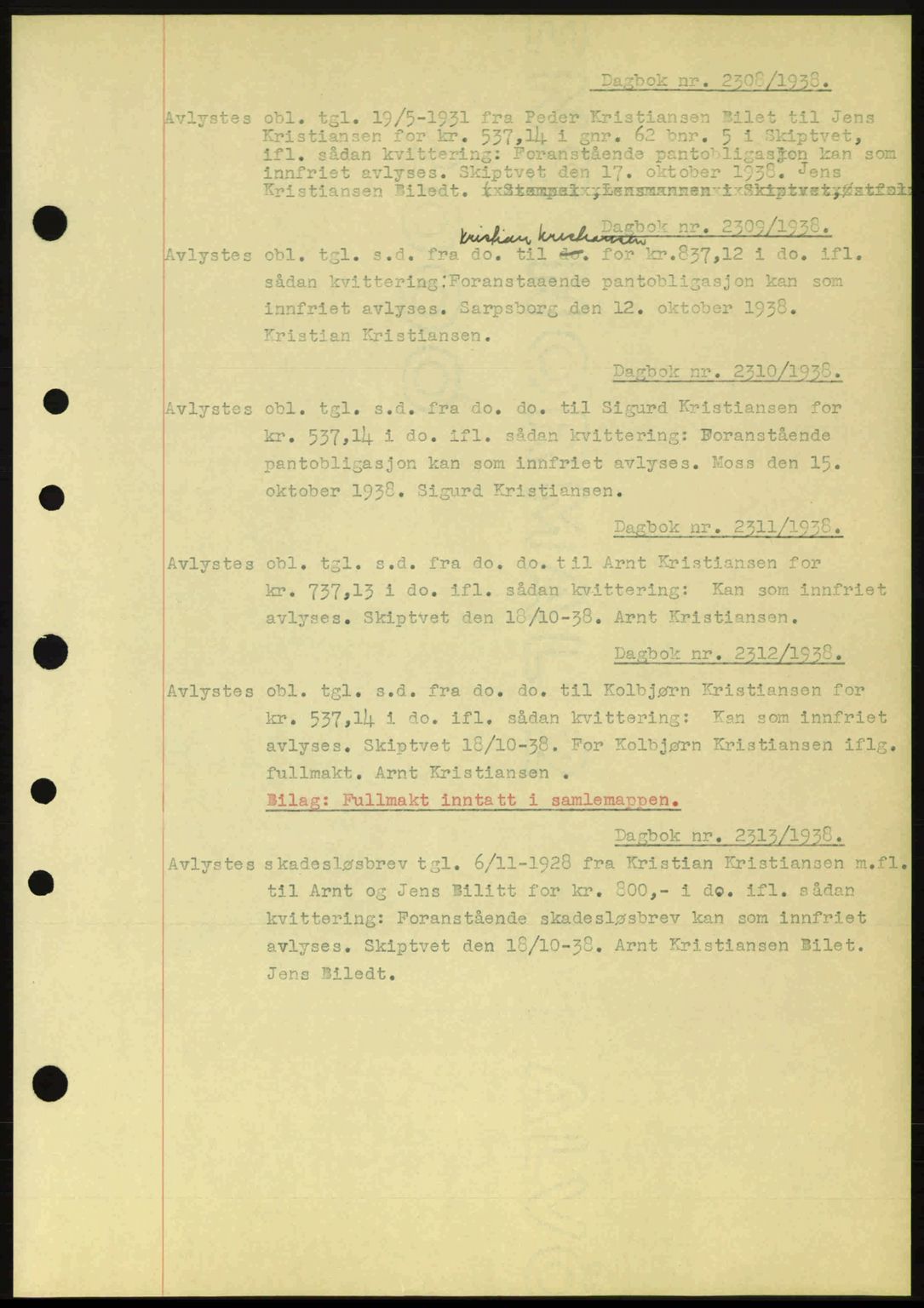 Moss sorenskriveri, SAO/A-10168: Pantebok nr. B6, 1938-1938, Dagboknr: 2308/1938