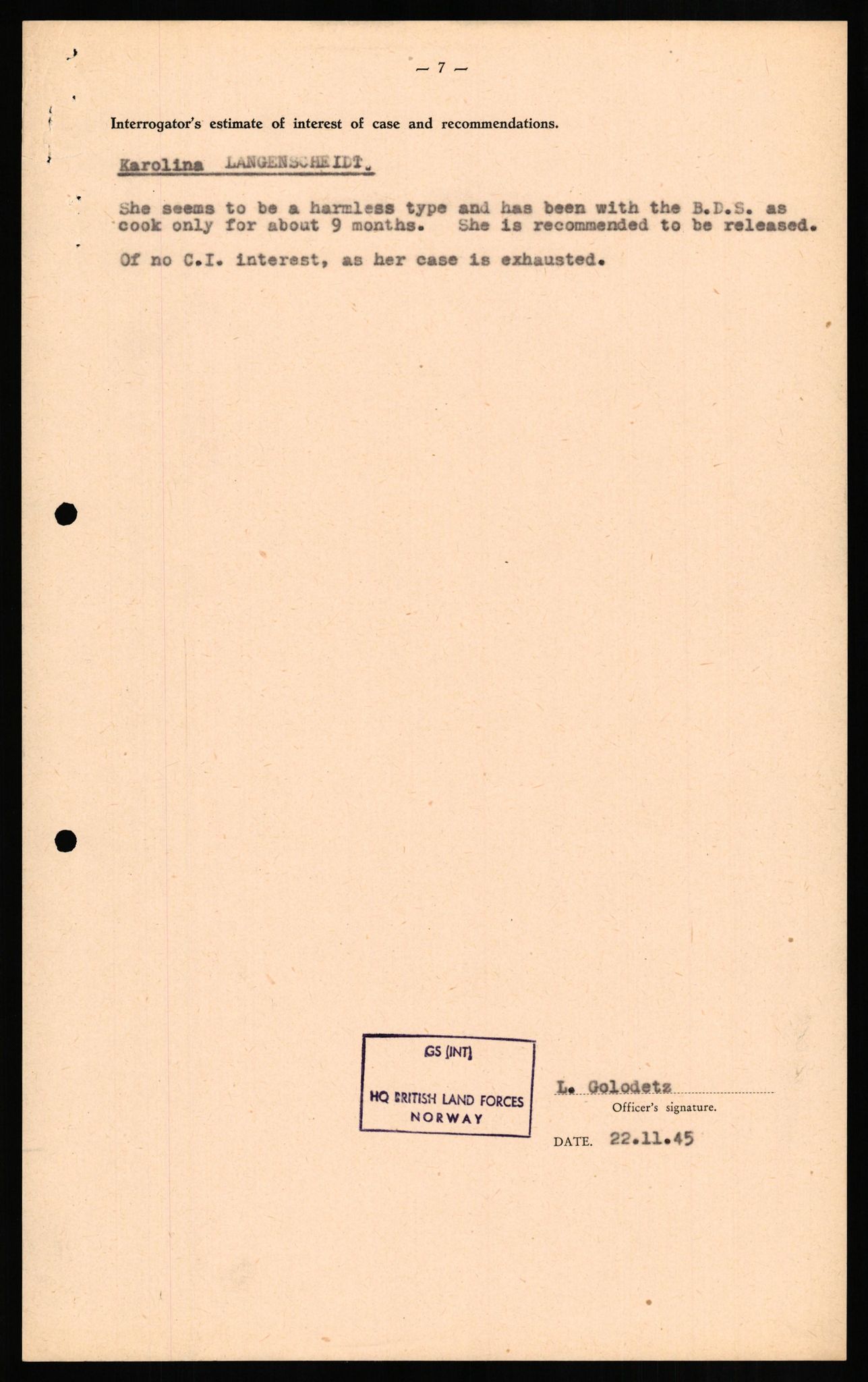 Forsvaret, Forsvarets overkommando II, RA/RAFA-3915/D/Db/L0019: CI Questionaires. Tyske okkupasjonsstyrker i Norge. Tyskere., 1945-1946, s. 384