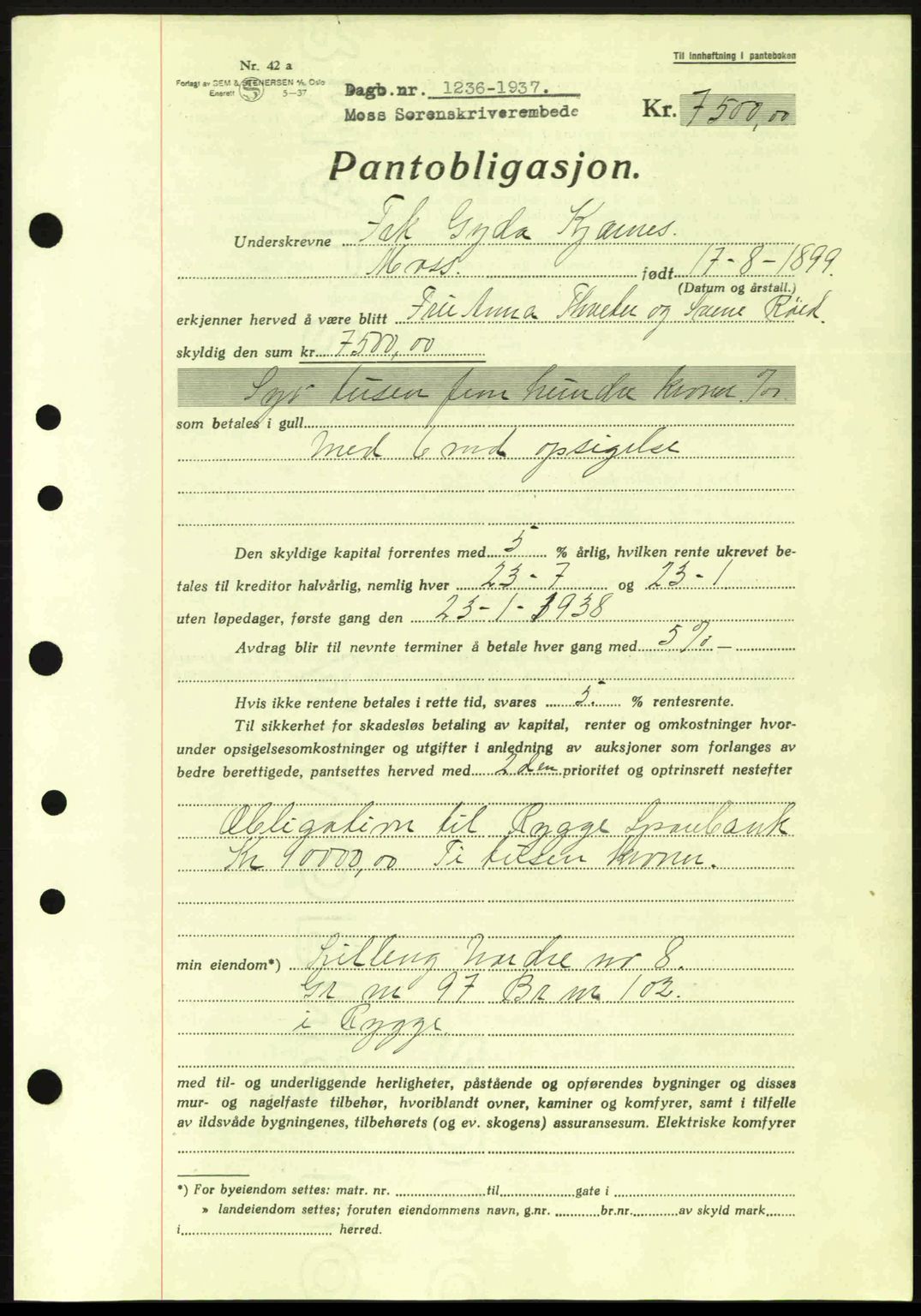 Moss sorenskriveri, SAO/A-10168: Pantebok nr. B3, 1937-1937, Dagboknr: 1236/1937