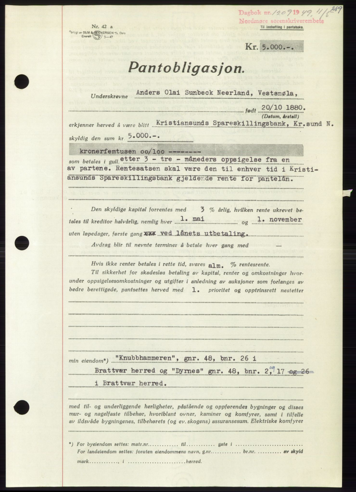 Nordmøre sorenskriveri, SAT/A-4132/1/2/2Ca: Pantebok nr. B101, 1949-1949, Dagboknr: 1209/1949