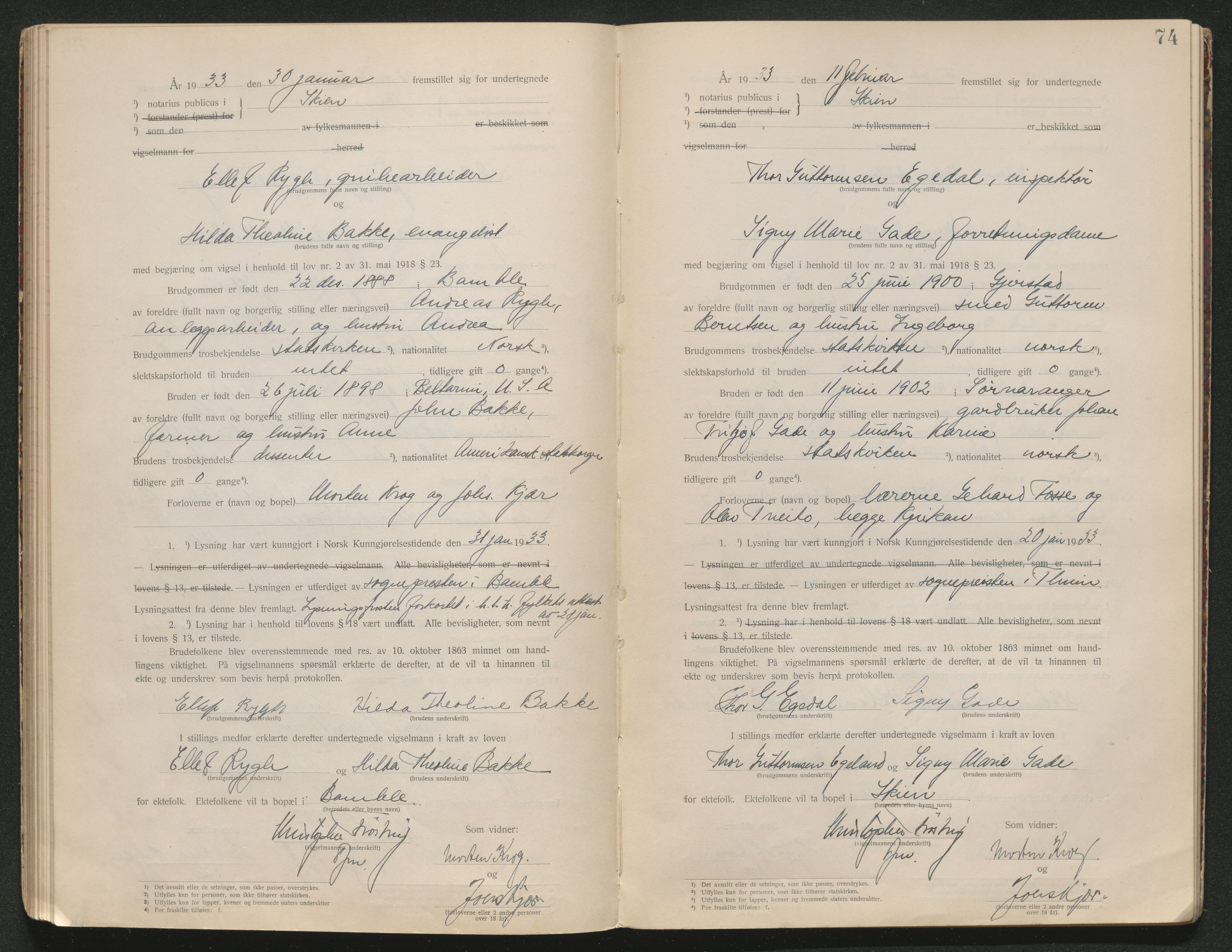 Skien sorenskriveri, AV/SAKO-A-225/L/La/L0001: Vigselsprotokoll, 1920-1947, s. 74