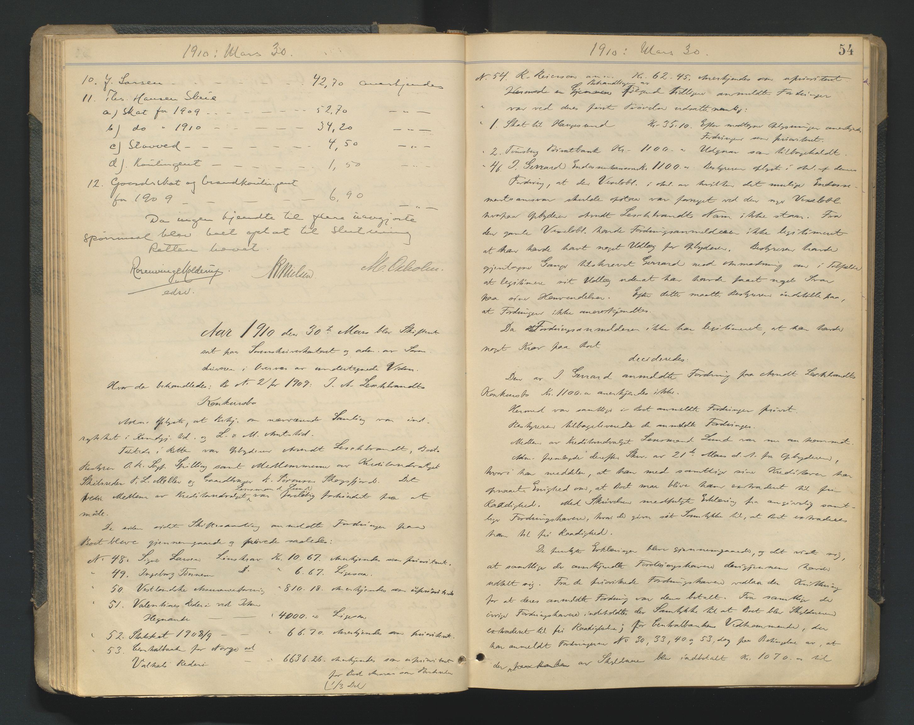 Mandal sorenskriveri, AV/SAK-1221-0005/001/H/Hc/L0081: Skifteforhandlingsprotokoll nr 13, 1909-1913, s. 54