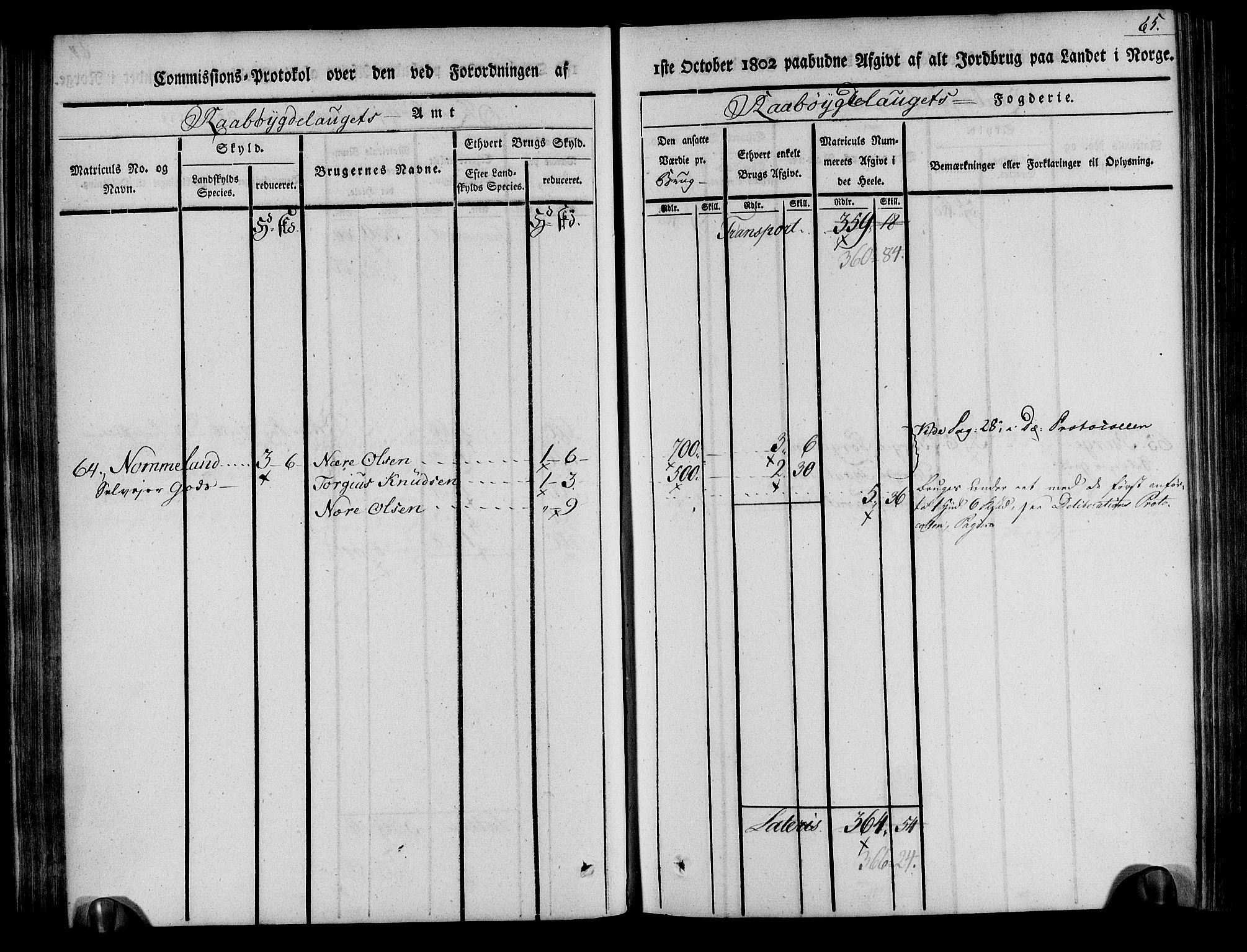 Rentekammeret inntil 1814, Realistisk ordnet avdeling, AV/RA-EA-4070/N/Ne/Nea/L0084: Råbyggelag fogderi. Kommisjonsprotokoll for Vestre Råbyggelagets sorenskriveri, 1803, s. 66