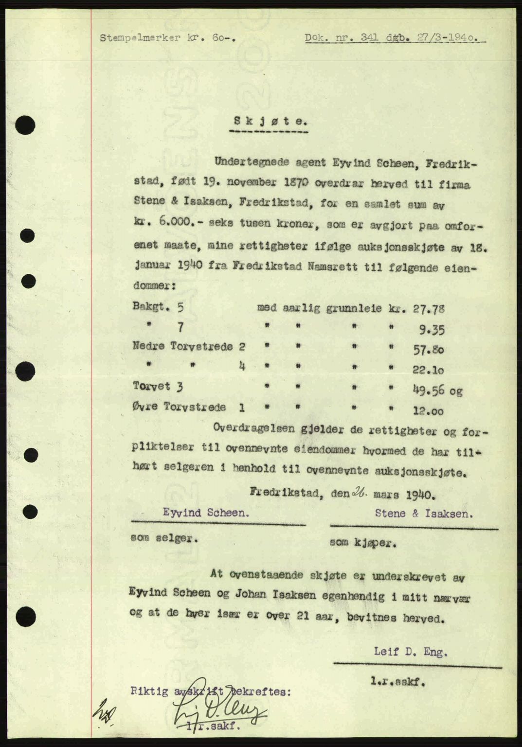 Fredrikstad byfogd, AV/SAO-A-10473a/G/Ga/Gac/L0002: Pantebok nr. A32a, 1940-1945, Dagboknr: 341/1940