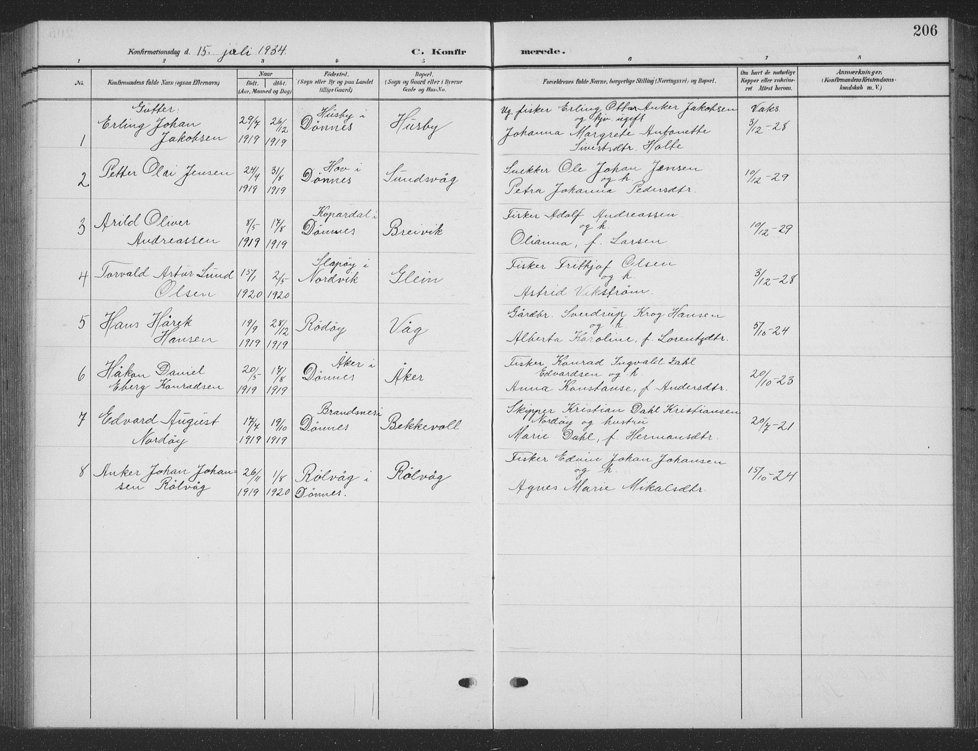 Ministerialprotokoller, klokkerbøker og fødselsregistre - Nordland, AV/SAT-A-1459/835/L0533: Klokkerbok nr. 835C05, 1906-1939, s. 206