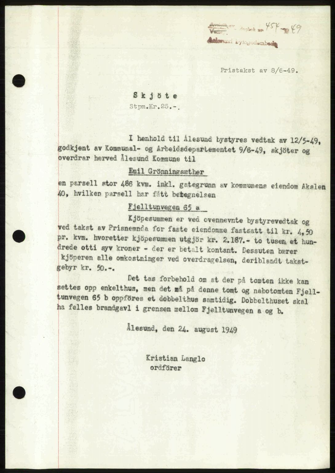 Ålesund byfogd, AV/SAT-A-4384: Pantebok nr. 37A (1), 1947-1949, Dagboknr: 454/1949