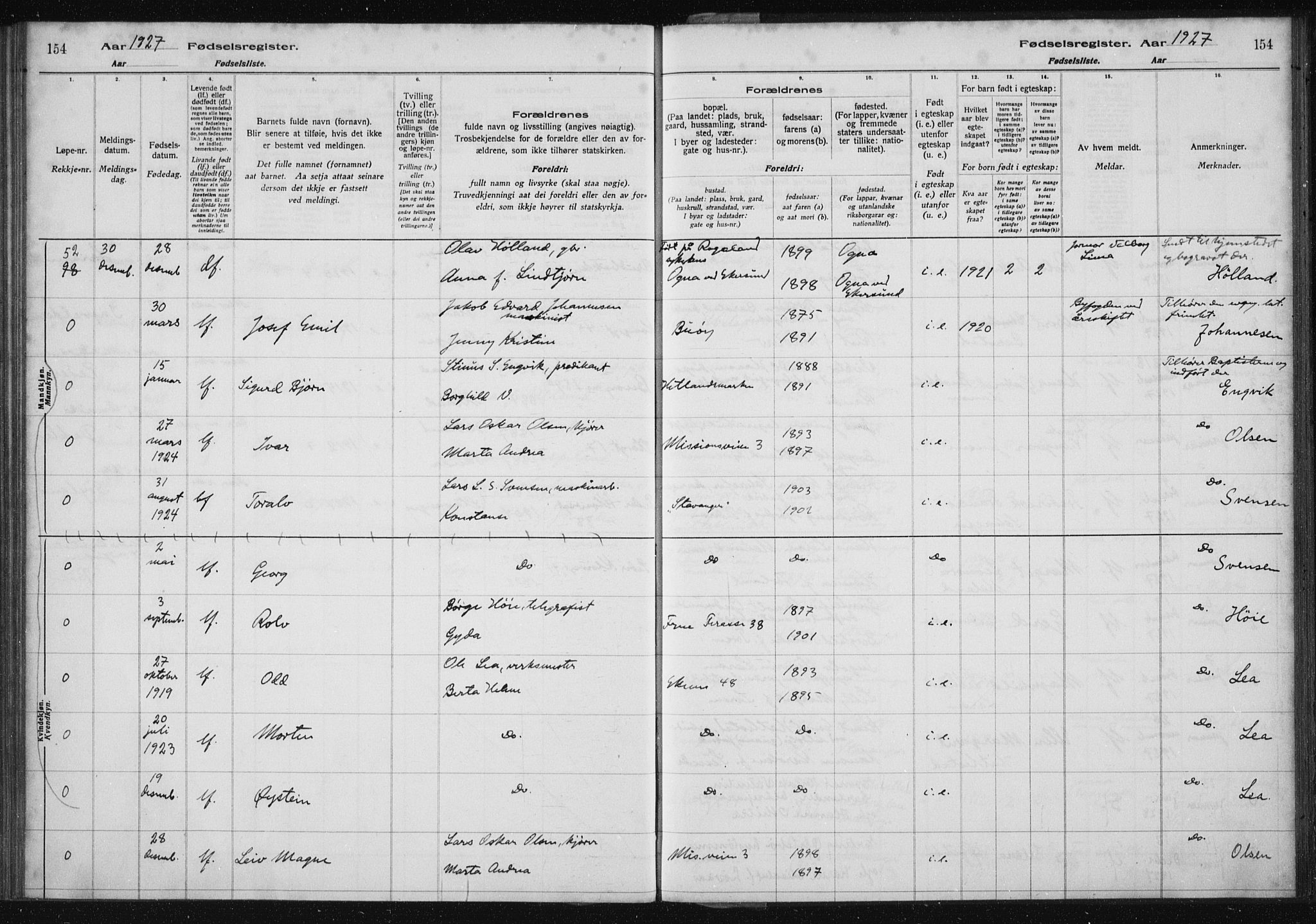 St. Petri sokneprestkontor, AV/SAST-A-101813/002/A/L0002: Fødselsregister nr. 2, 1922-1929, s. 154