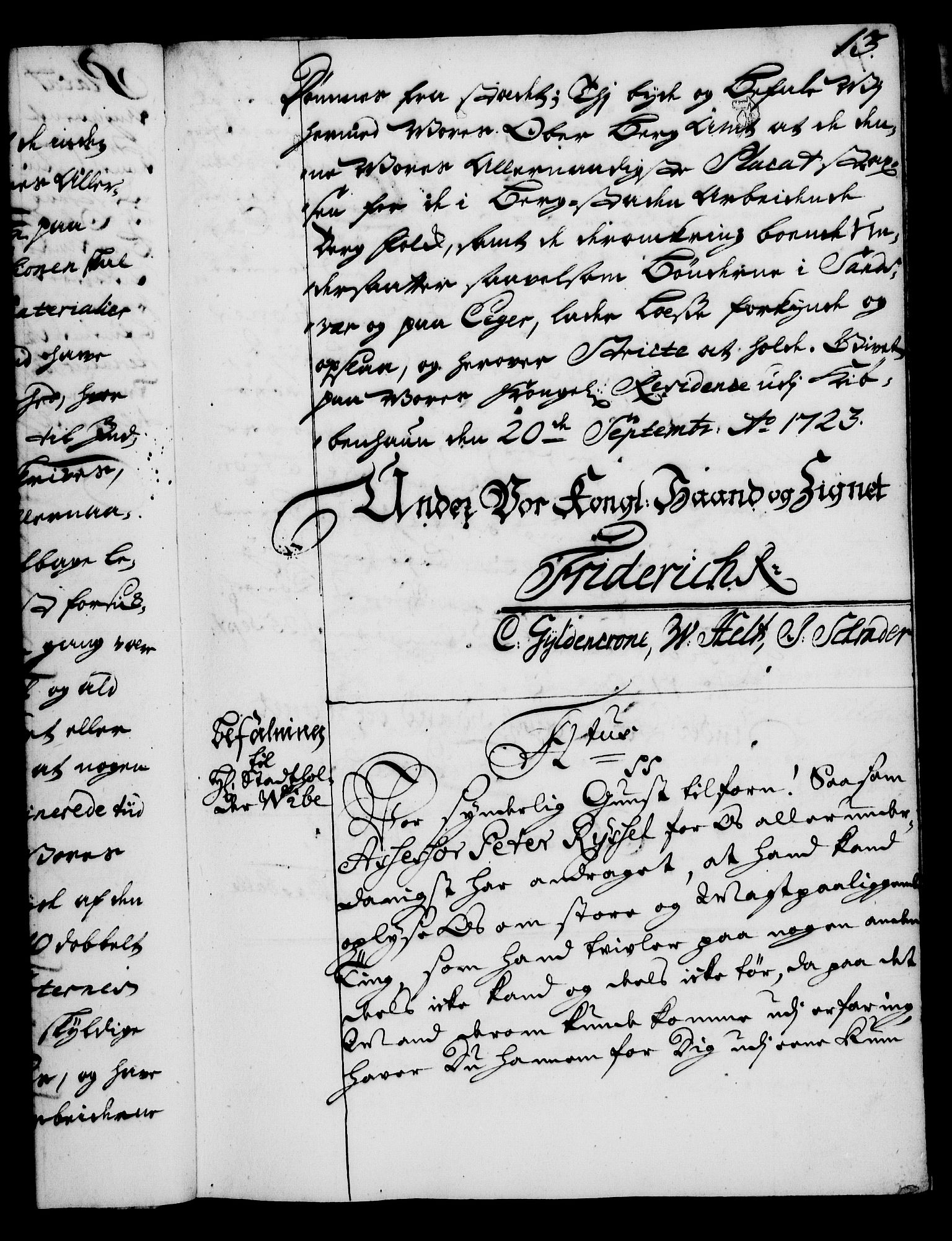 Rentekammeret, Kammerkanselliet, RA/EA-3111/G/Gg/Gga/L0002: Norsk ekspedisjonsprotokoll med register (merket RK 53.2), 1723-1727, s. 13