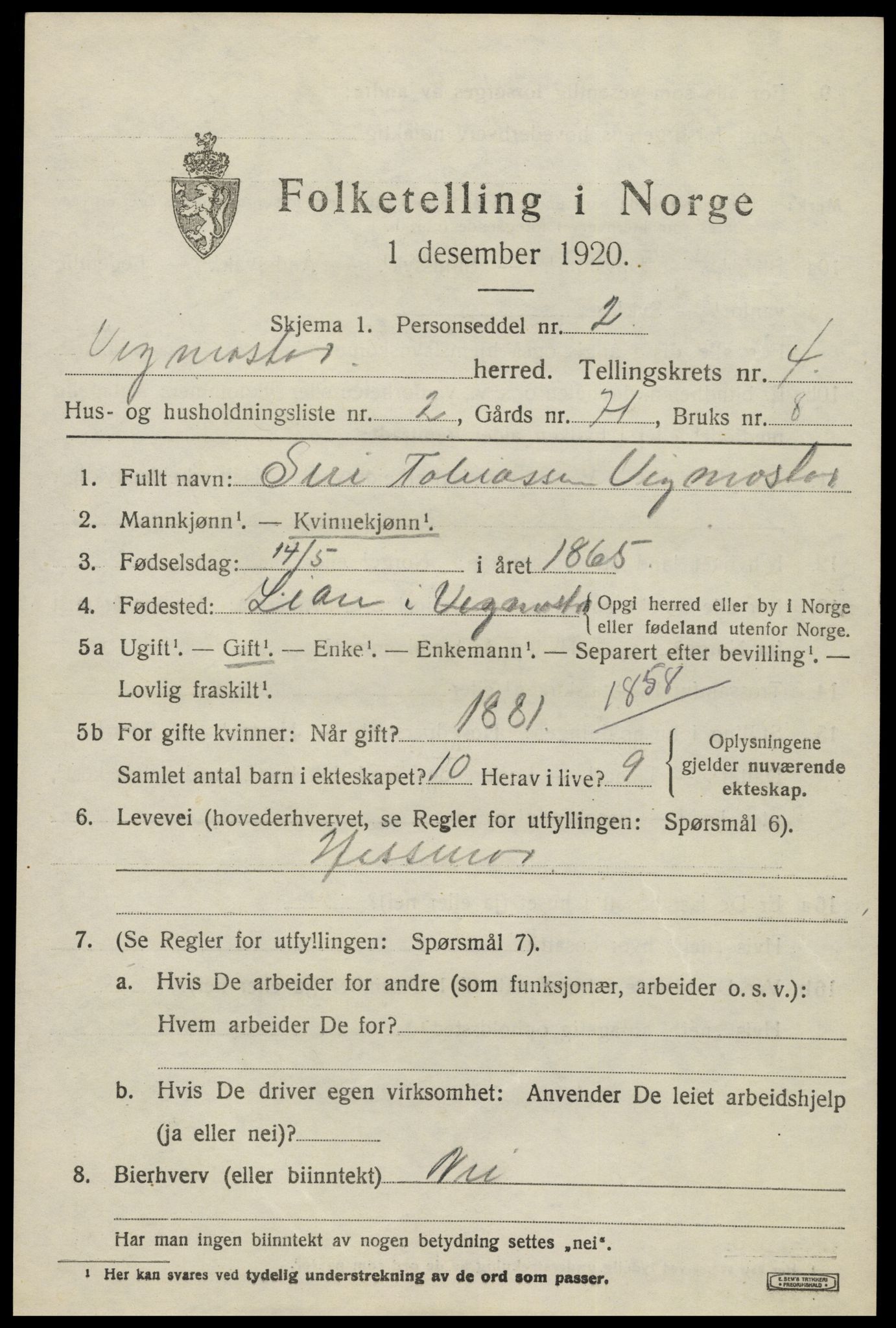 SAK, Folketelling 1920 for 1028 Vigmostad herred, 1920, s. 1215
