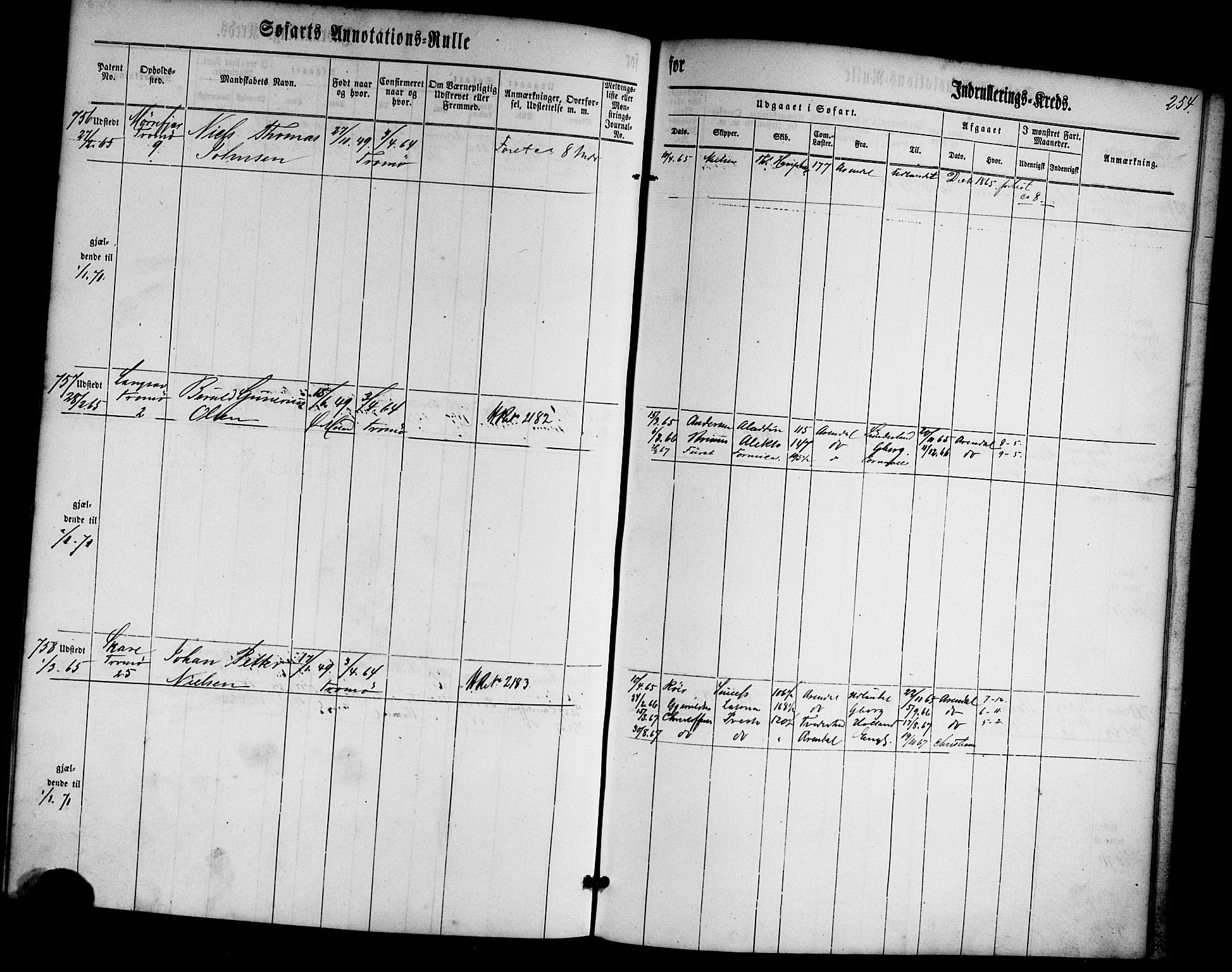 Arendal mønstringskrets, AV/SAK-2031-0012/F/Fa/L0001: Annotasjonsrulle nr 1-794 med register, E-1, 1860-1865, s. 288