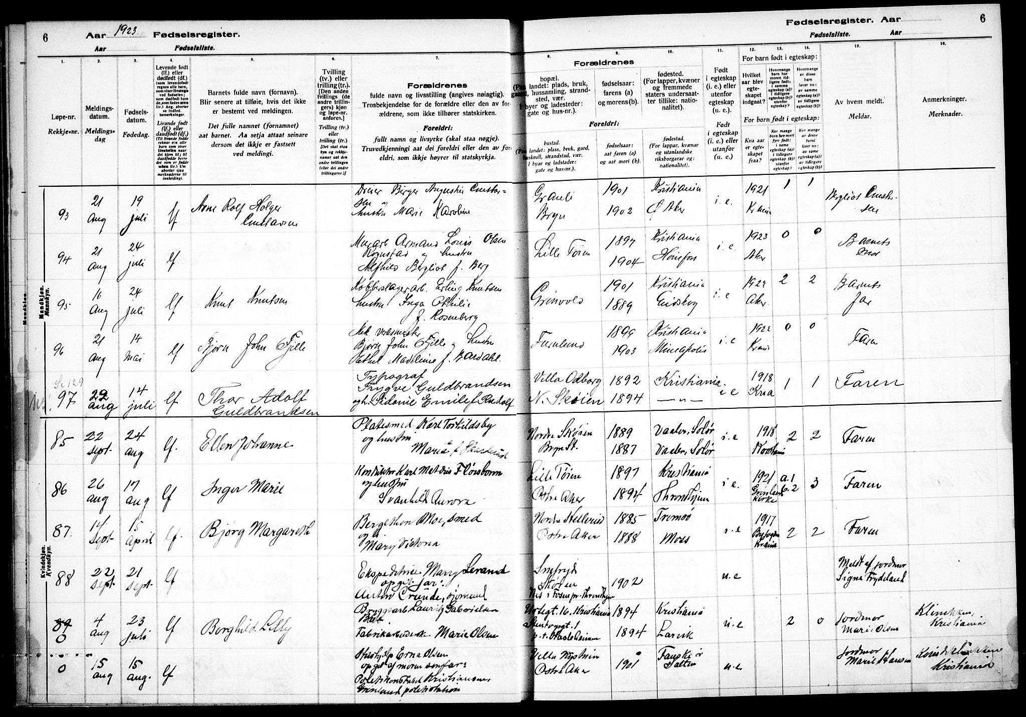 Østre Aker prestekontor Kirkebøker, AV/SAO-A-10840/J/Ja/L0002: Fødselsregister nr. I 2, 1923-1927, s. 6
