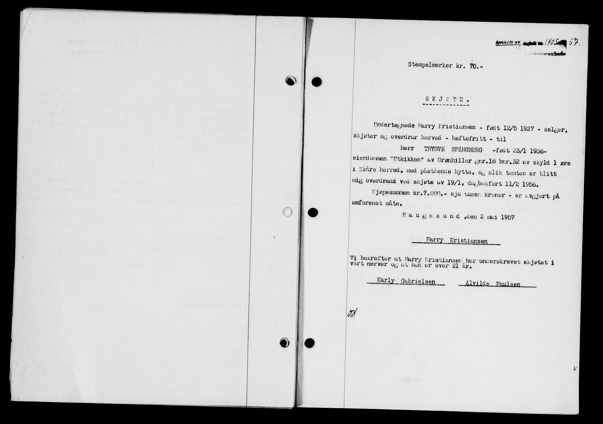 Karmsund sorenskriveri, SAST/A-100311/01/II/IIB/L0124: Pantebok nr. 104A, 1957-1957, Dagboknr: 1405/1957