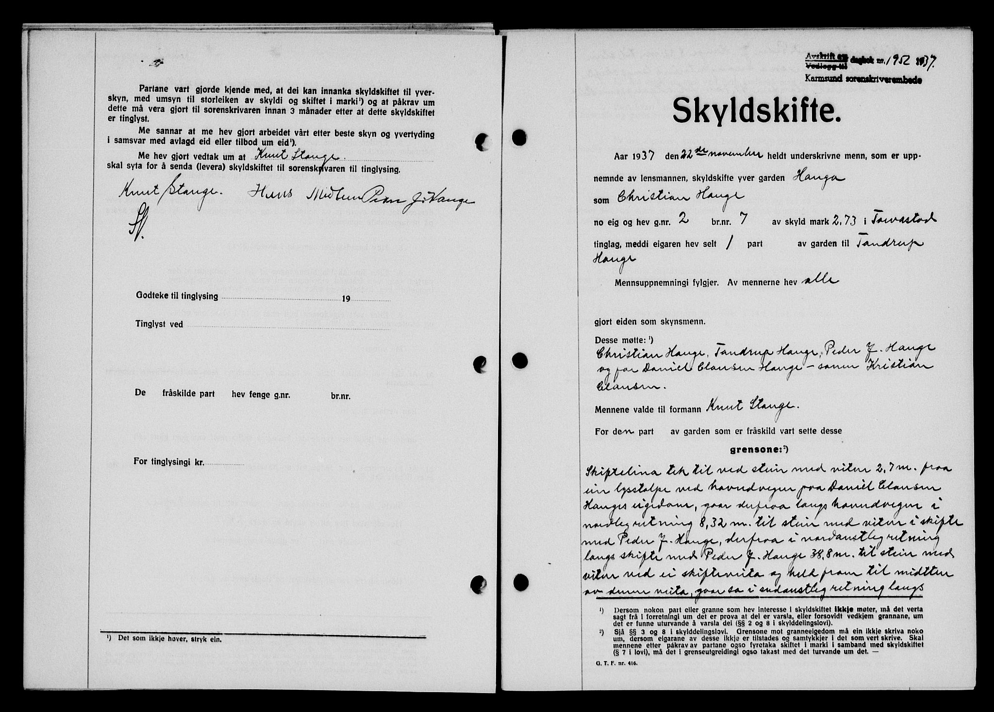 Karmsund sorenskriveri, AV/SAST-A-100311/01/II/IIB/L0068: Pantebok nr. 49A, 1937-1937, Dagboknr: 1952/1937