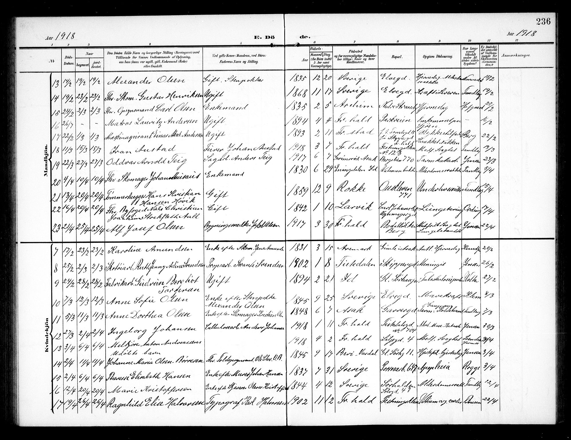 Halden prestekontor Kirkebøker, AV/SAO-A-10909/G/Ga/L0011: Klokkerbok nr. 11, 1906-1934, s. 236