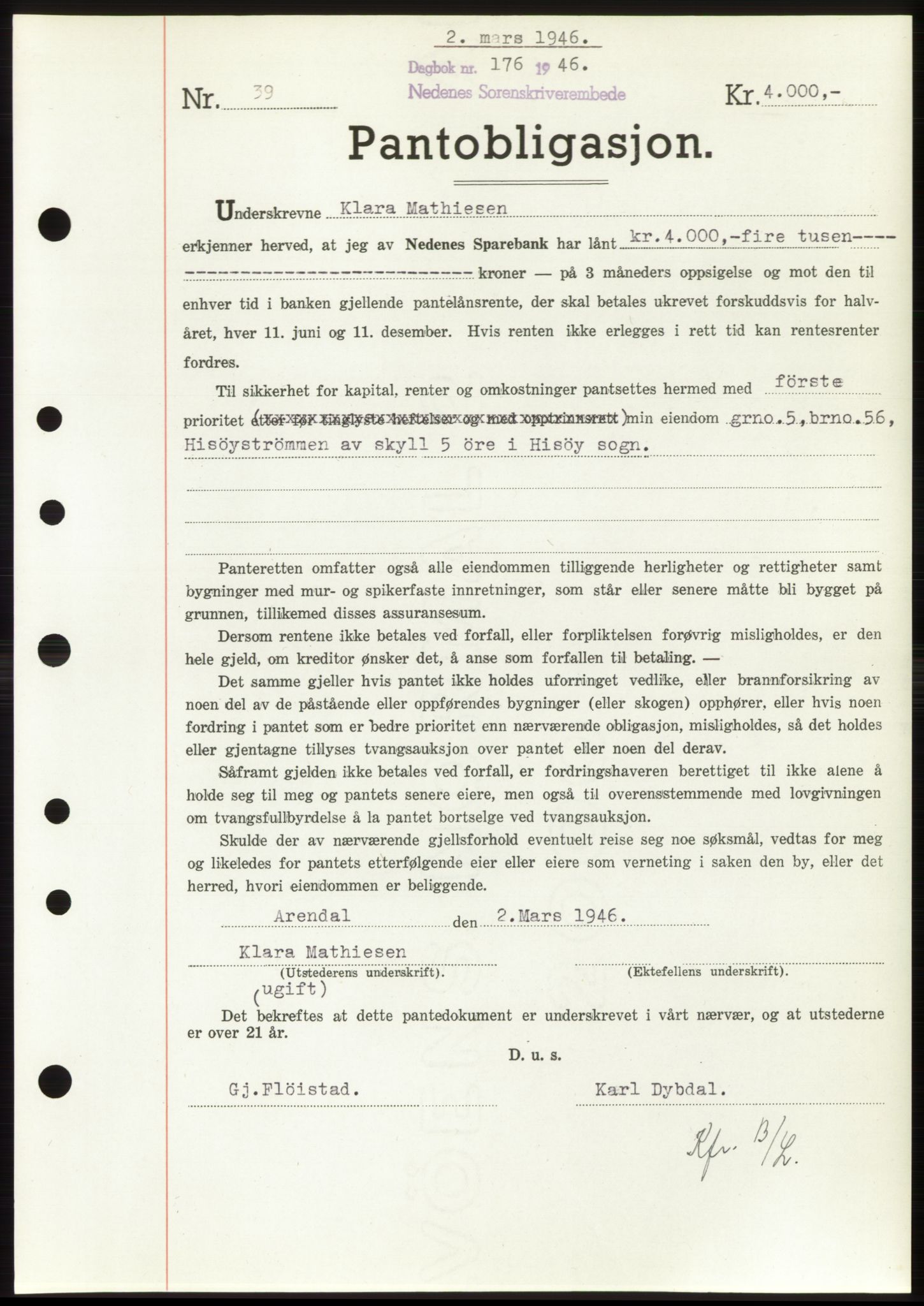 Nedenes sorenskriveri, SAK/1221-0006/G/Gb/Gbb/L0003: Pantebok nr. B3b, 1946-1946, Dagboknr: 176/1946
