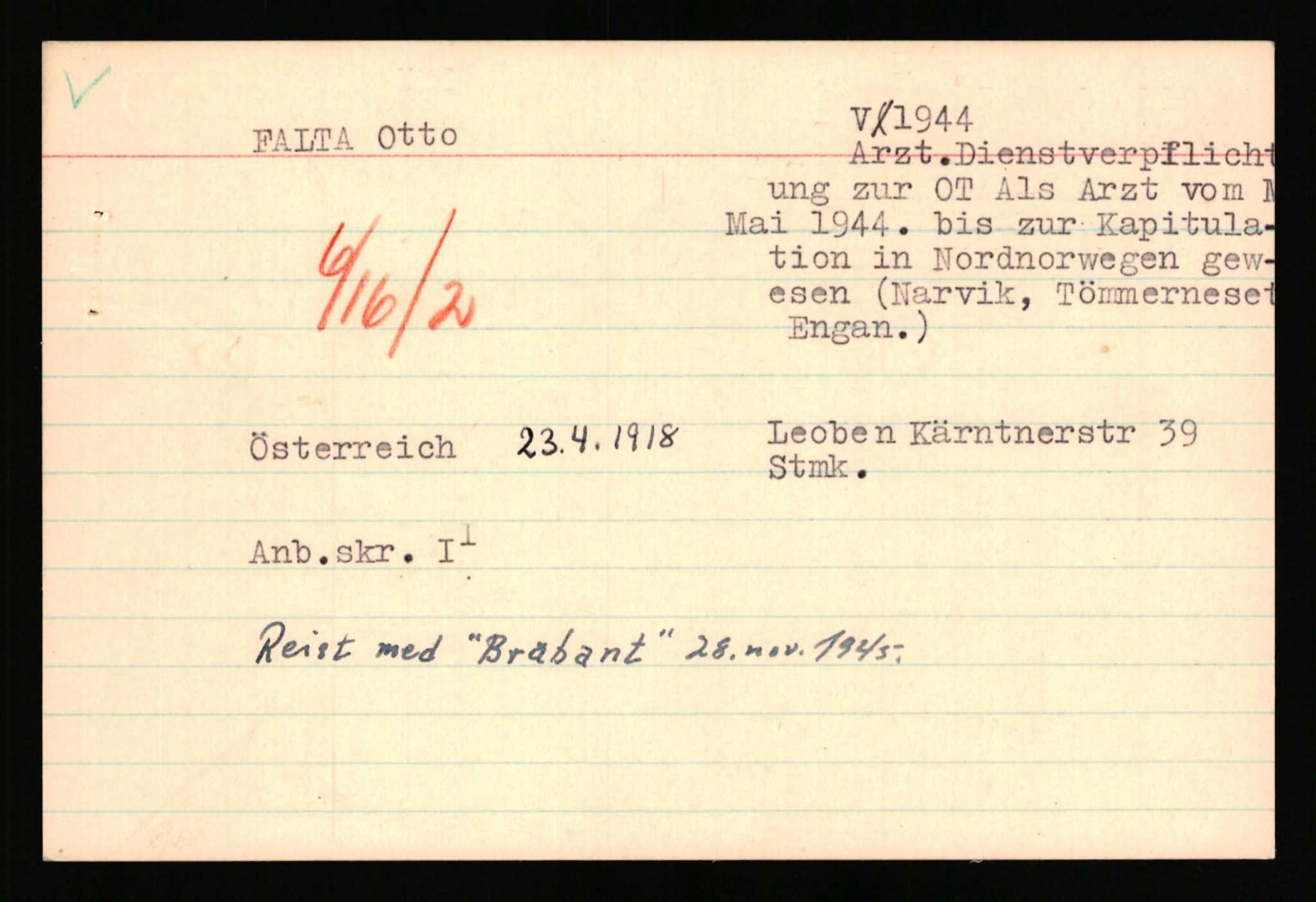 Forsvaret, Forsvarets overkommando II, AV/RA-RAFA-3915/D/Db/L0038: CI Questionaires. Tyske okkupasjonsstyrker i Norge. Østerrikere., 1945-1946, s. 277