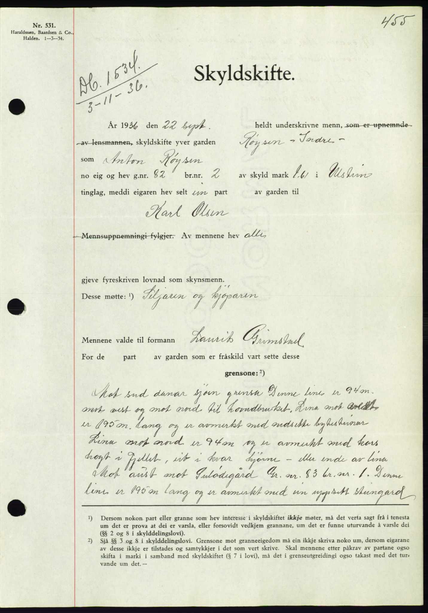 Søre Sunnmøre sorenskriveri, SAT/A-4122/1/2/2C/L0061: Pantebok nr. 55, 1936-1936, Dagboknr: 1534/1936