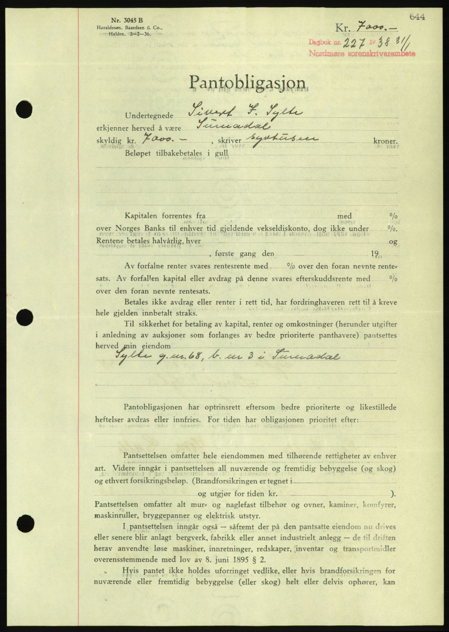 Nordmøre sorenskriveri, AV/SAT-A-4132/1/2/2Ca/L0092: Pantebok nr. B82, 1937-1938, Dagboknr: 227/1938