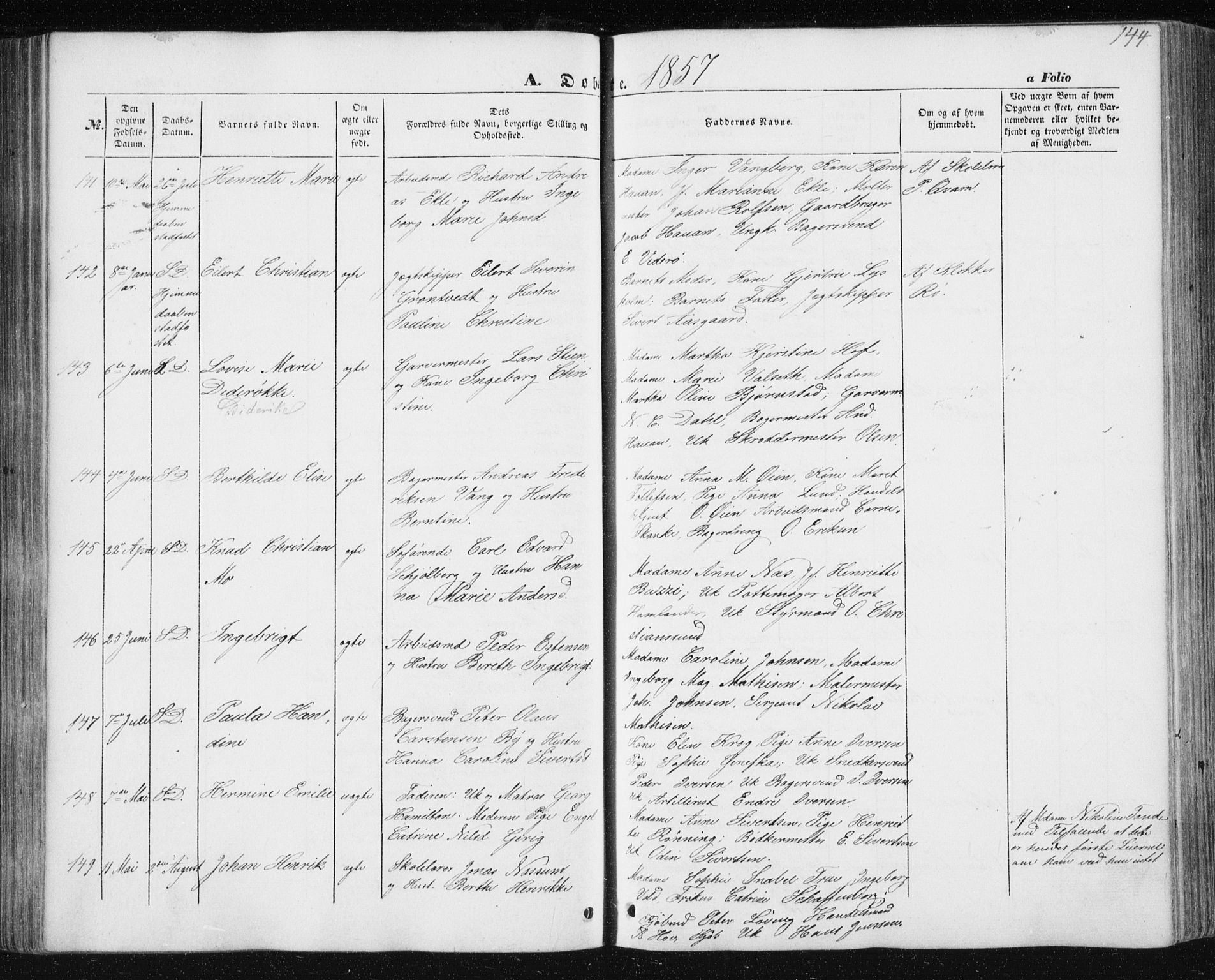 Ministerialprotokoller, klokkerbøker og fødselsregistre - Sør-Trøndelag, SAT/A-1456/602/L0112: Ministerialbok nr. 602A10, 1848-1859, s. 144