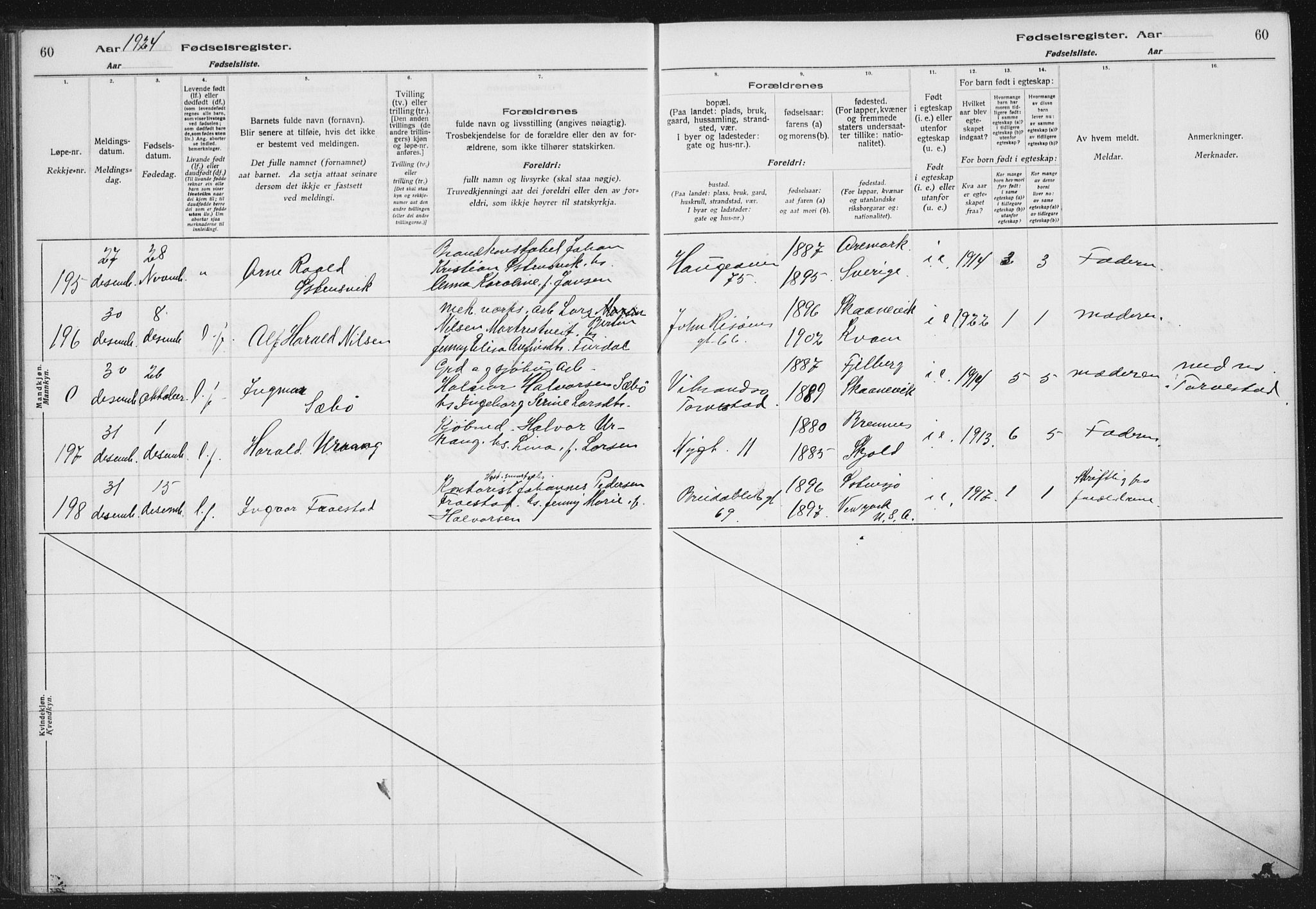 Haugesund sokneprestkontor, AV/SAST-A -101863/I/Id/L0005: Fødselsregister nr. 3, 1923-1929, s. 60