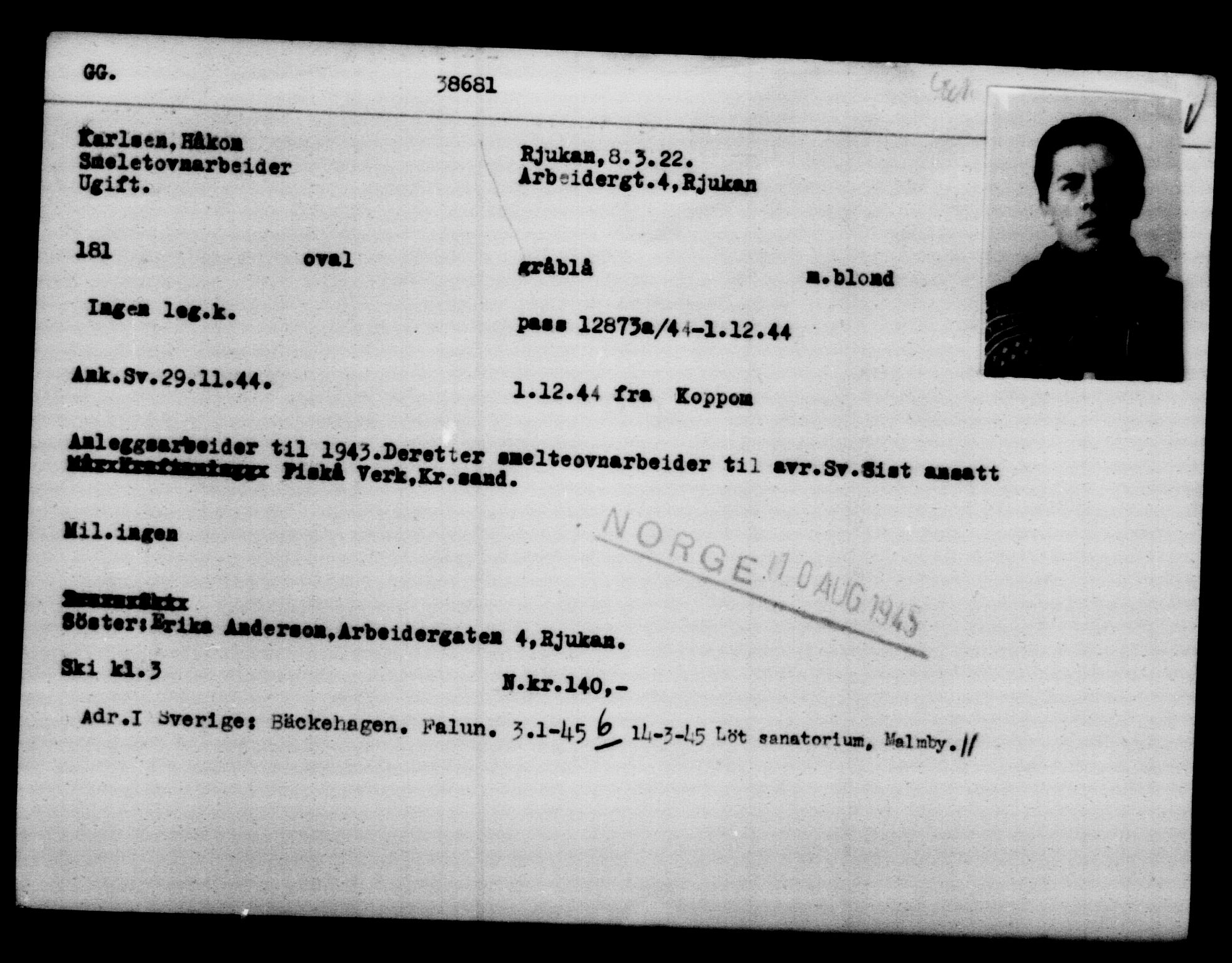 Utenriksstasjonene, Legasjonen i Stockholm, Flyktningkontoret, AV/RA-S-6753/V/Va/L0015: Kjesäterkartoteket, flyktninger med registreringsnr. 37800-40770, 1940-1945, s. 905