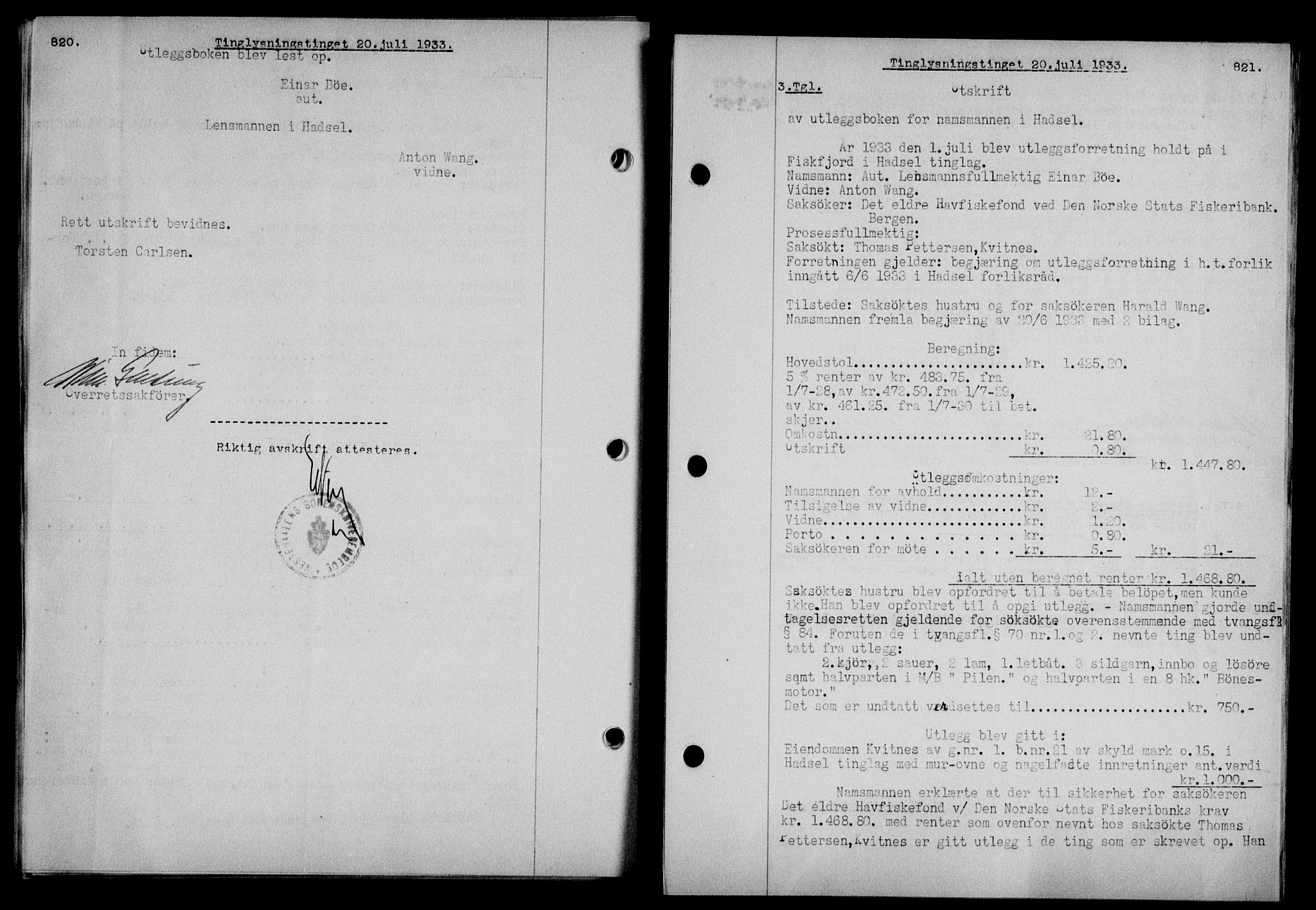 Vesterålen sorenskriveri, SAT/A-4180/1/2/2Ca/L0057: Pantebok nr. 50, 1933-1933, Tingl.dato: 20.07.1933